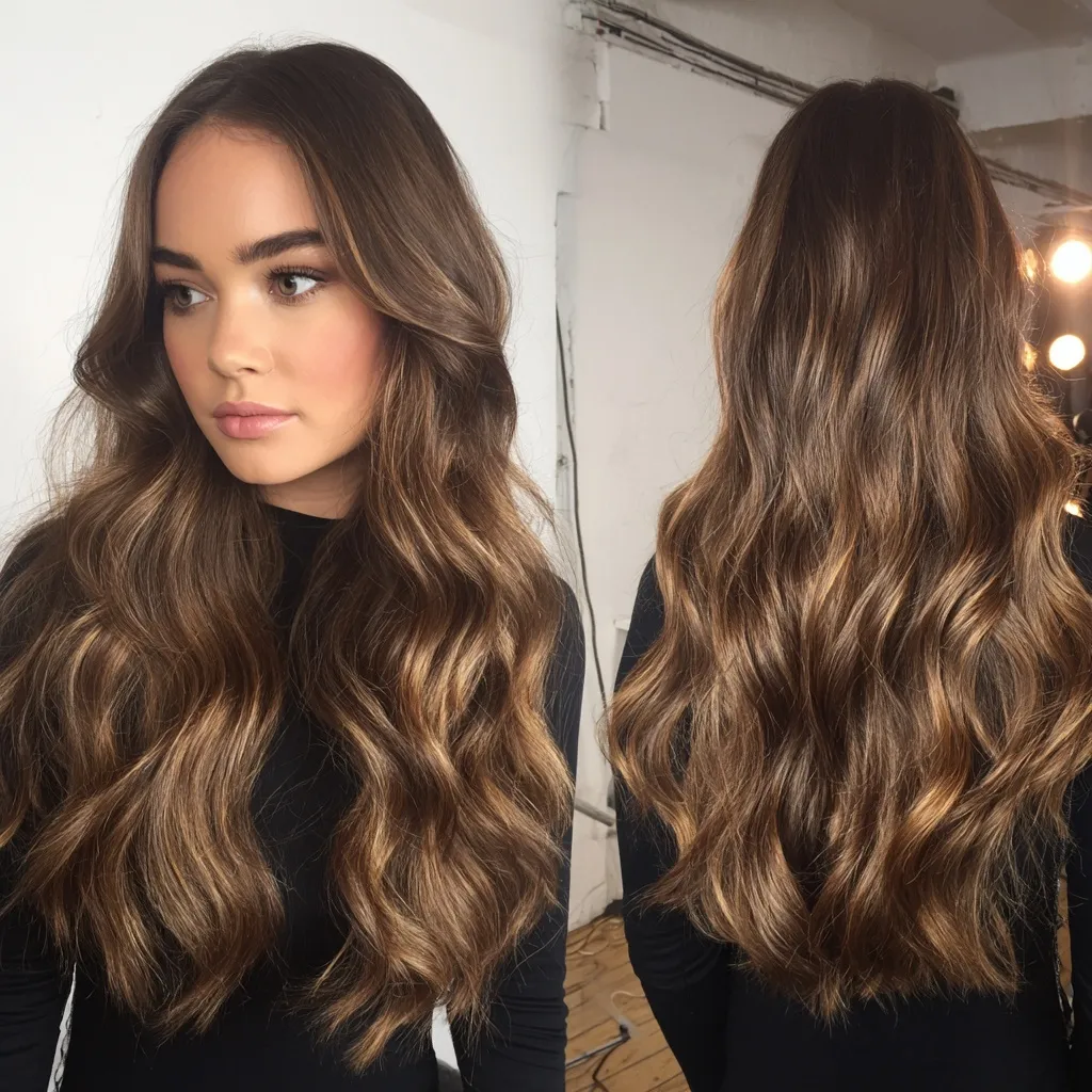 A model with long hair styled in soft glamorous waves featuring a professional balayage color technique.
