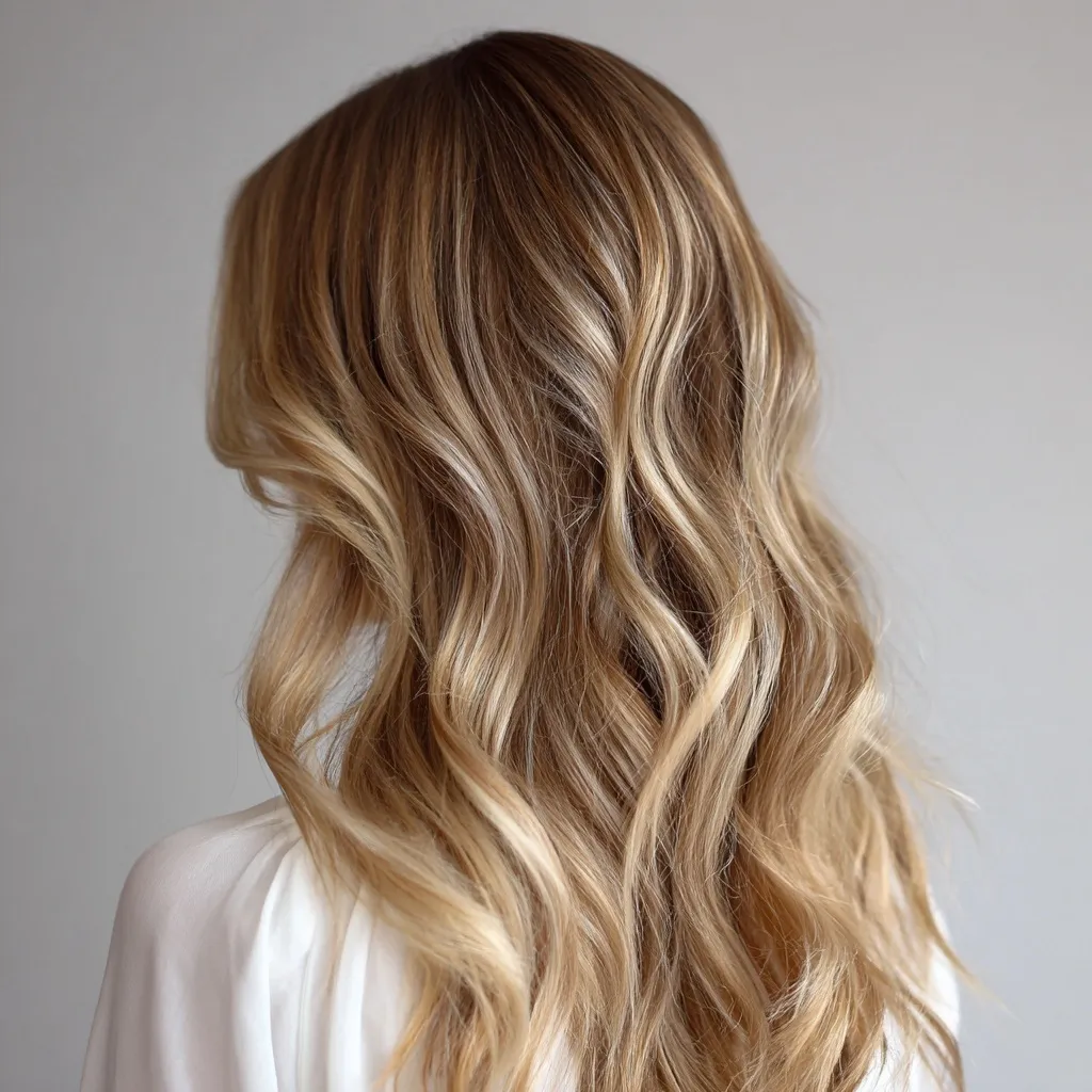 Close-up of a professional balayage hairstyle with realistic dimensional highlights and soft hair texture.