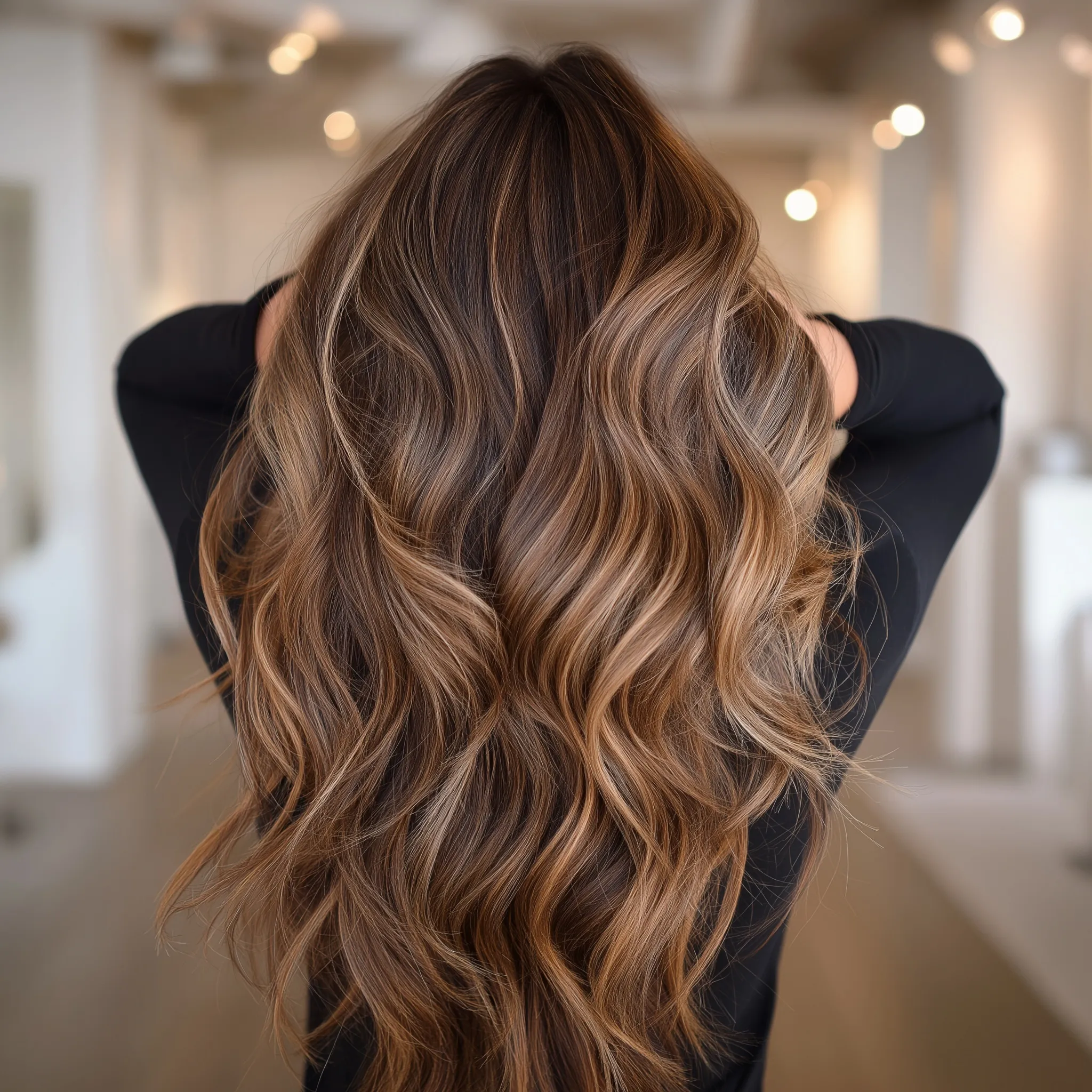 Back view of long wavy hair with professional brunette to blonde balayage highlights in a salon setting.