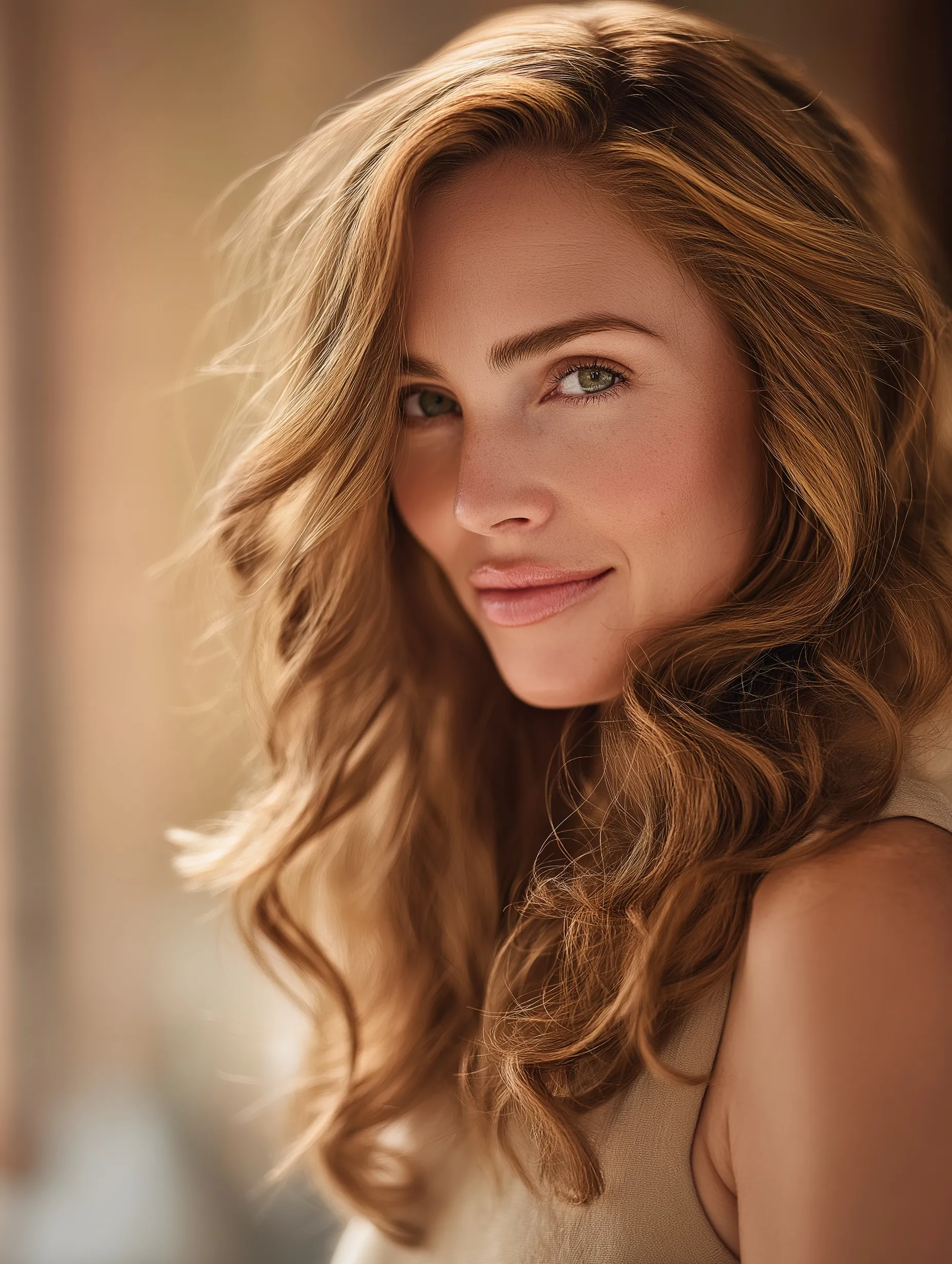 Sophisticated woman with voluminous copper balayage wavy hair in an elegant boutique salon.