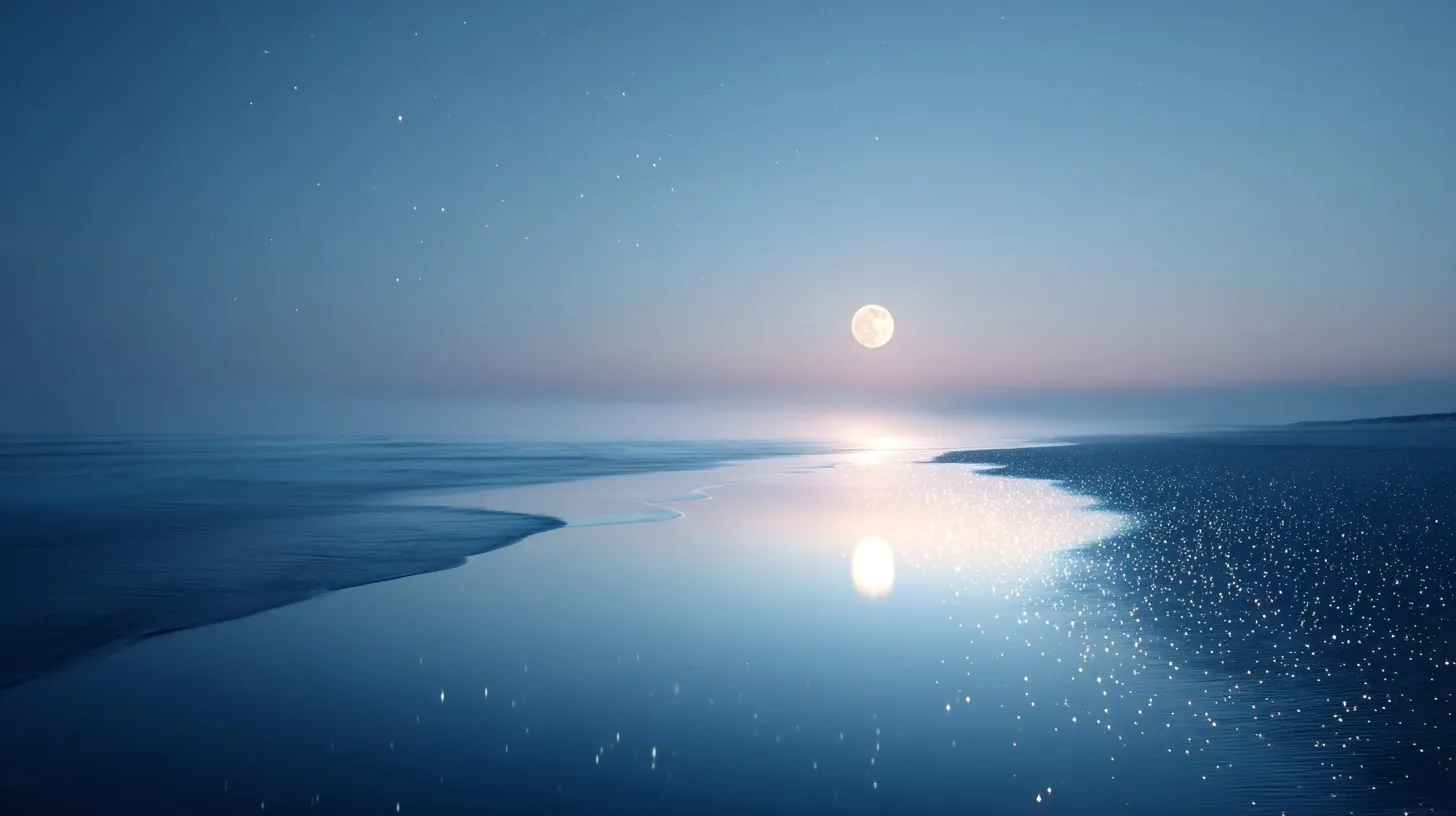 A serene beach at night under a glowing full moon with twinkling stars and soft indigo mist.