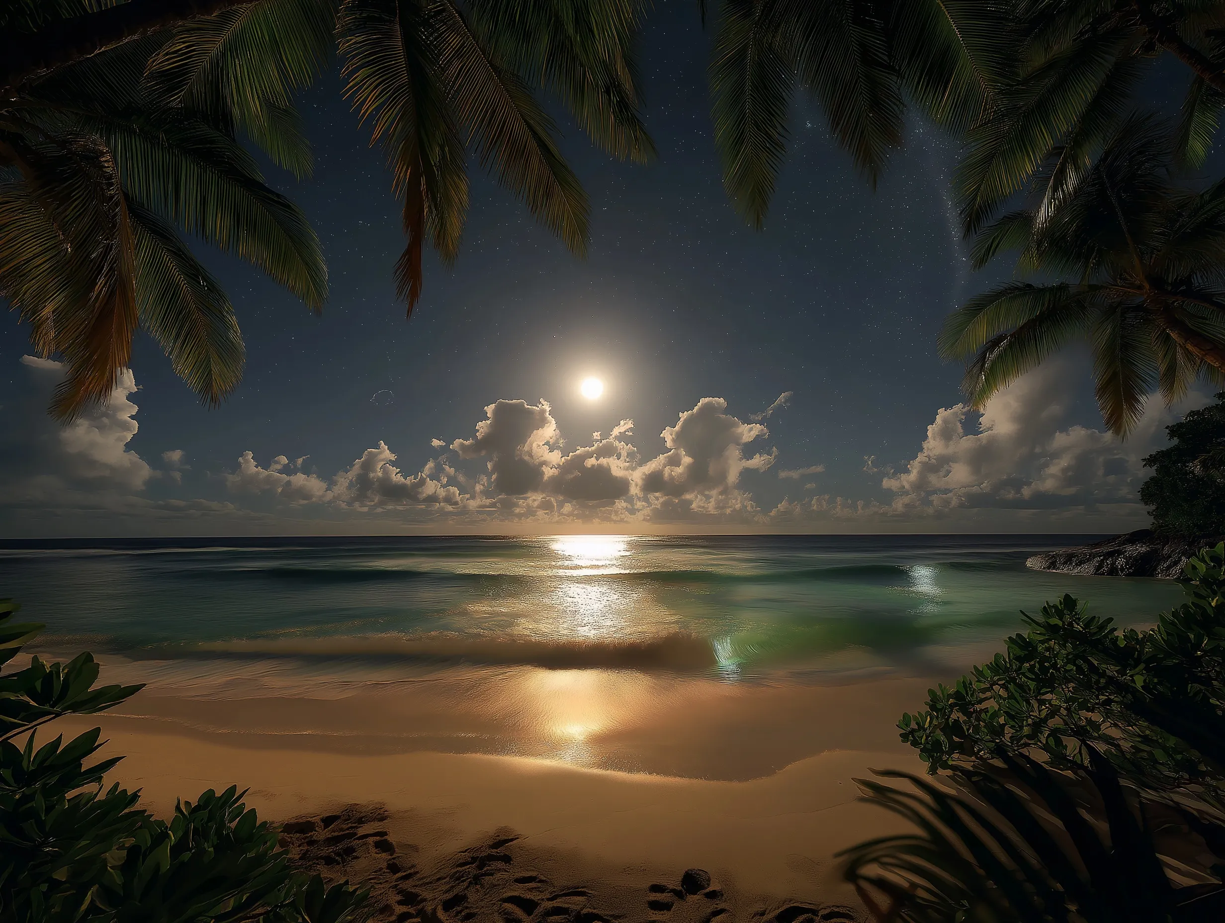 Symmetrical beach night view with starry sky, moonlight on ocean waves, and palm trees for a cinematic wallpaper.