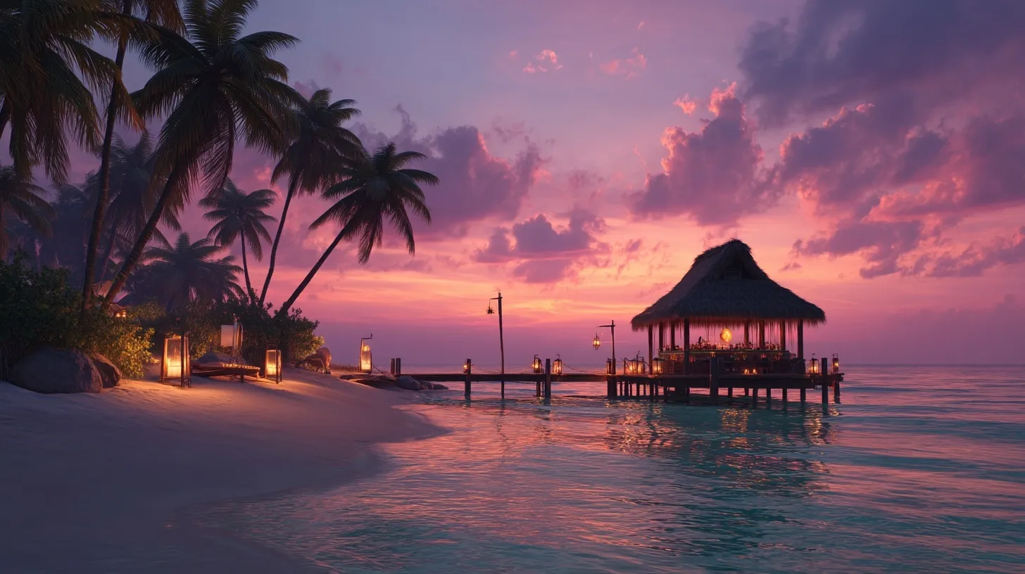 Tropical beach sunset with a wooden pier and thatched bar under a vibrant pink and purple golden hour sky.