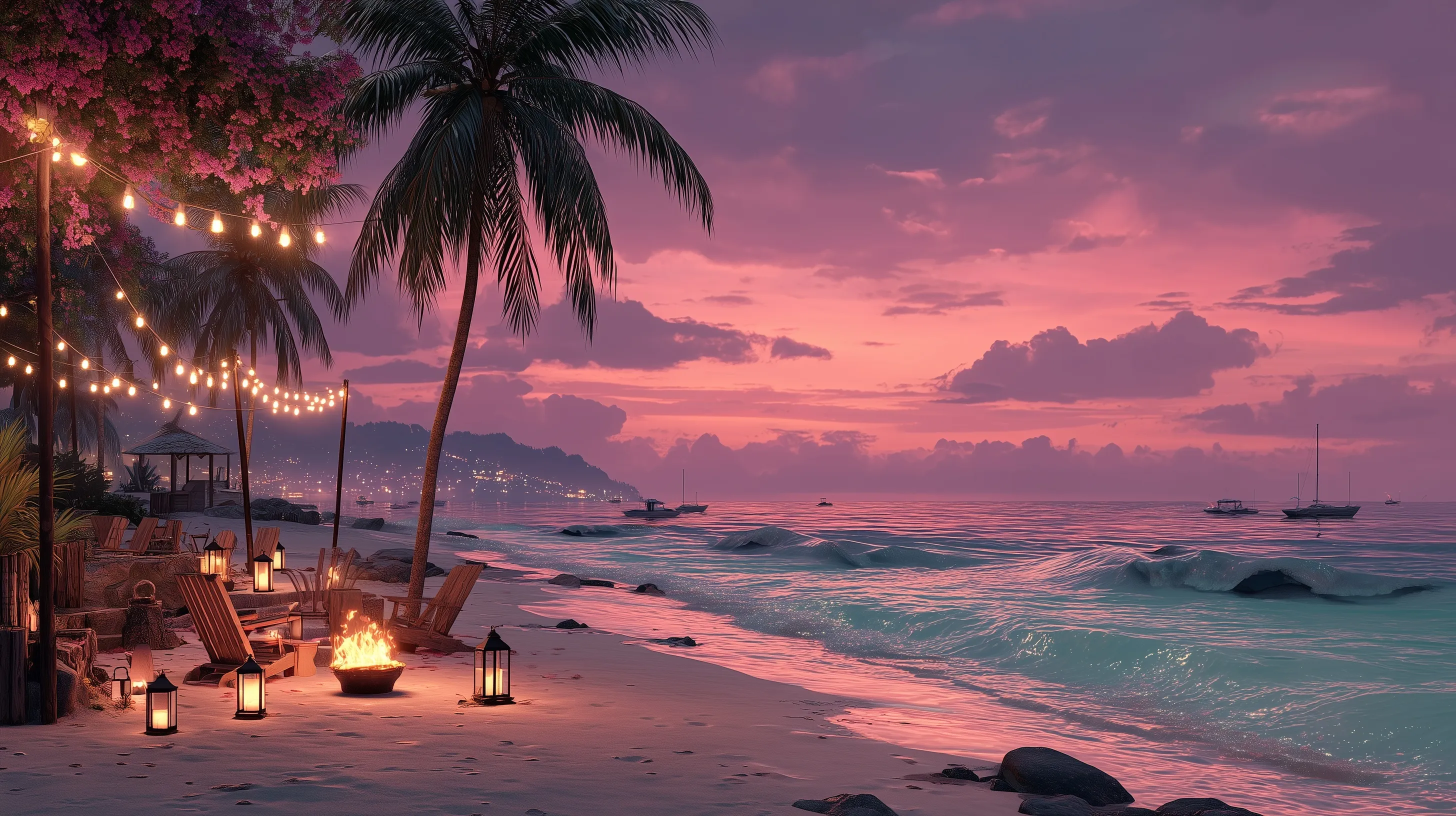 Empty beach at dusk with neon string lights, palm trees, and a cozy bonfire, featuring a soft pastel pink sunset.