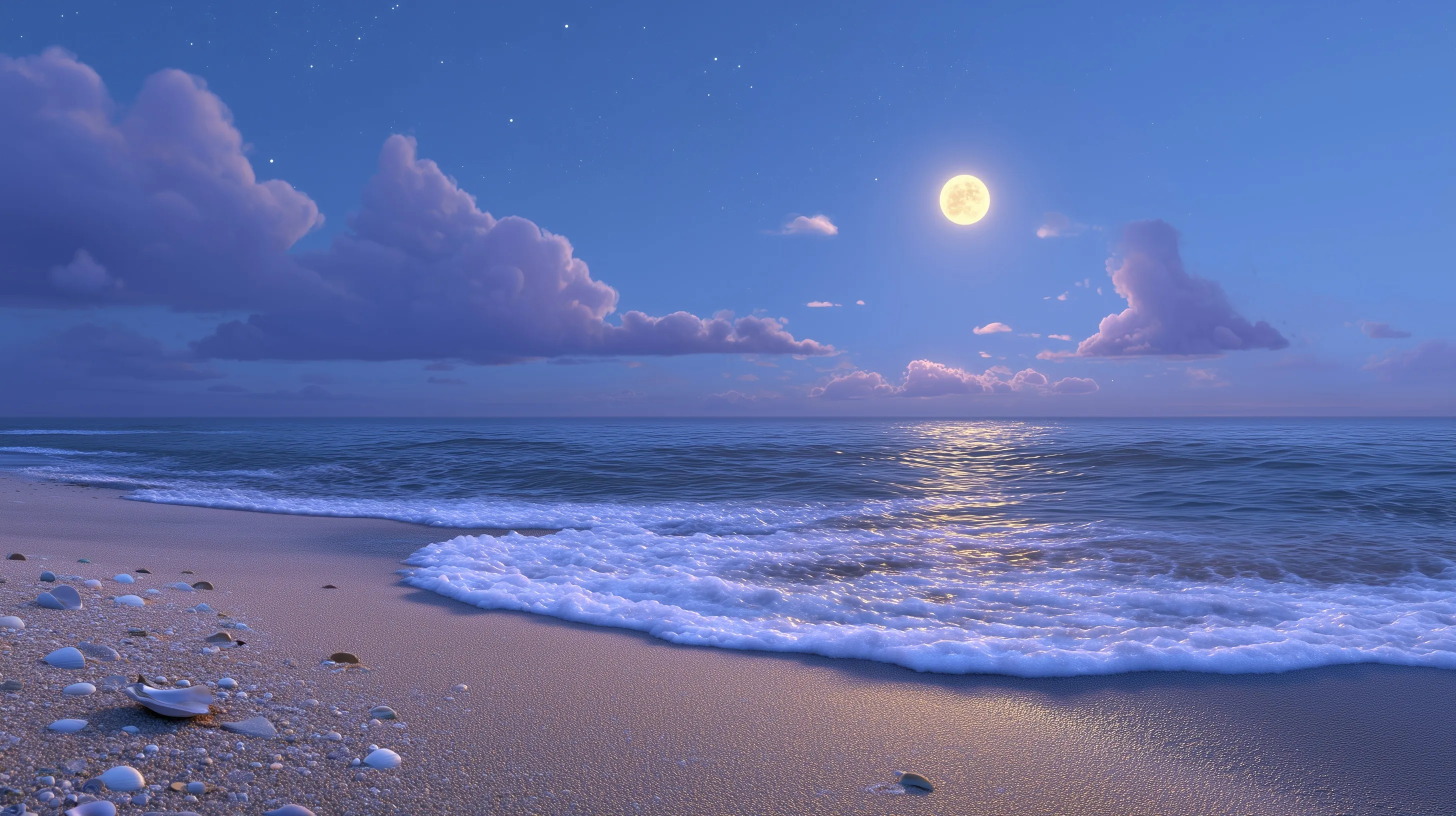 Pixar-style digital art of a calm moonlit beach with blue-tinged water, gentle ripples, and scattered shells.