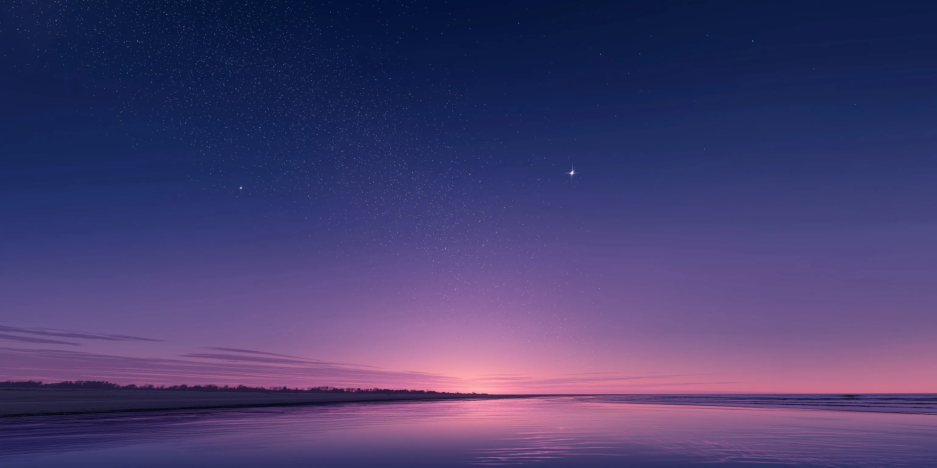 Starry night sky with purple and blue gradient over a calm beach at dusk, reflecting starlight on the sea.