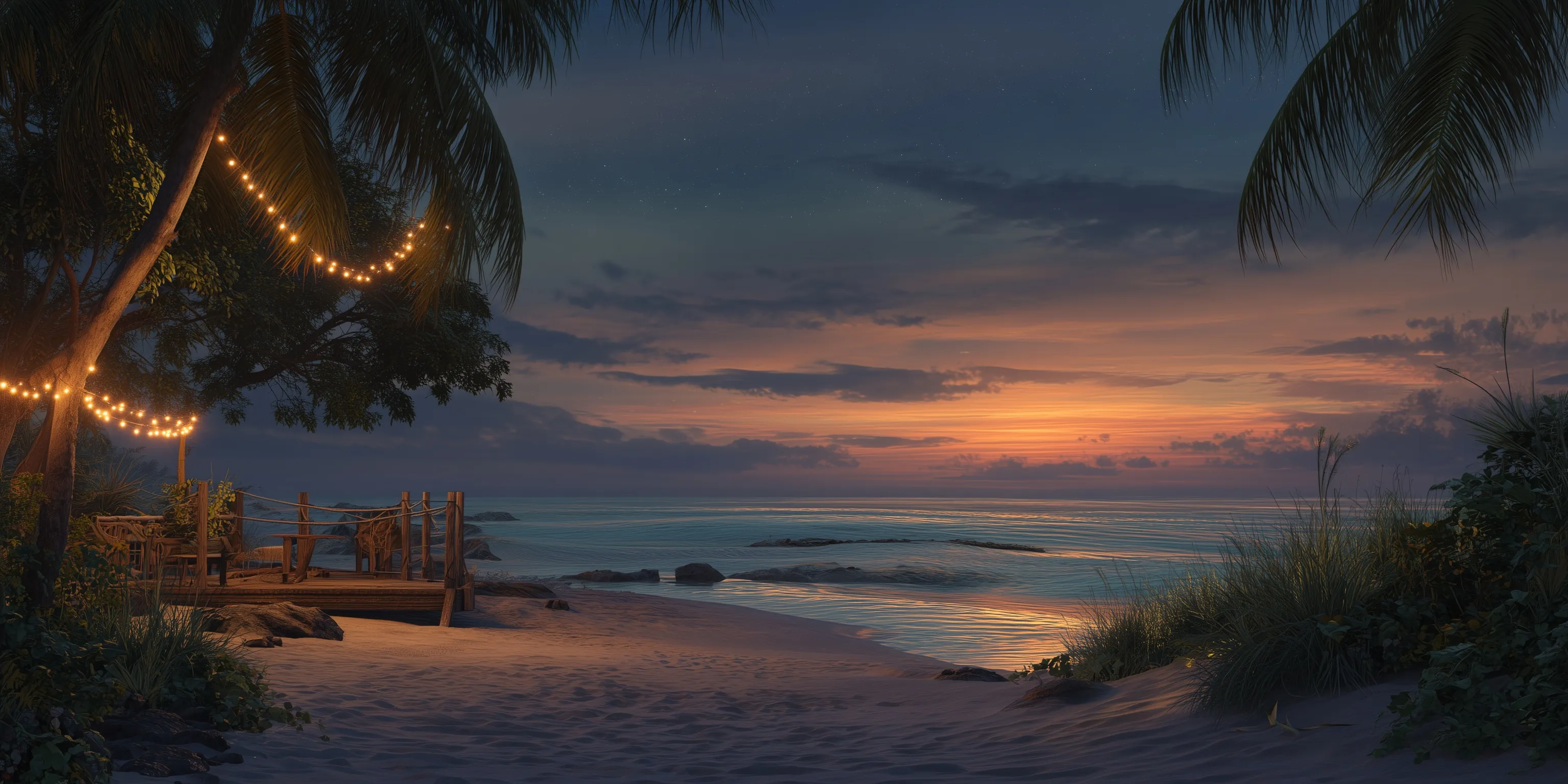 Realistic summer beach wallpaper at dusk with a calm ocean under a glowing evening sunset sky.