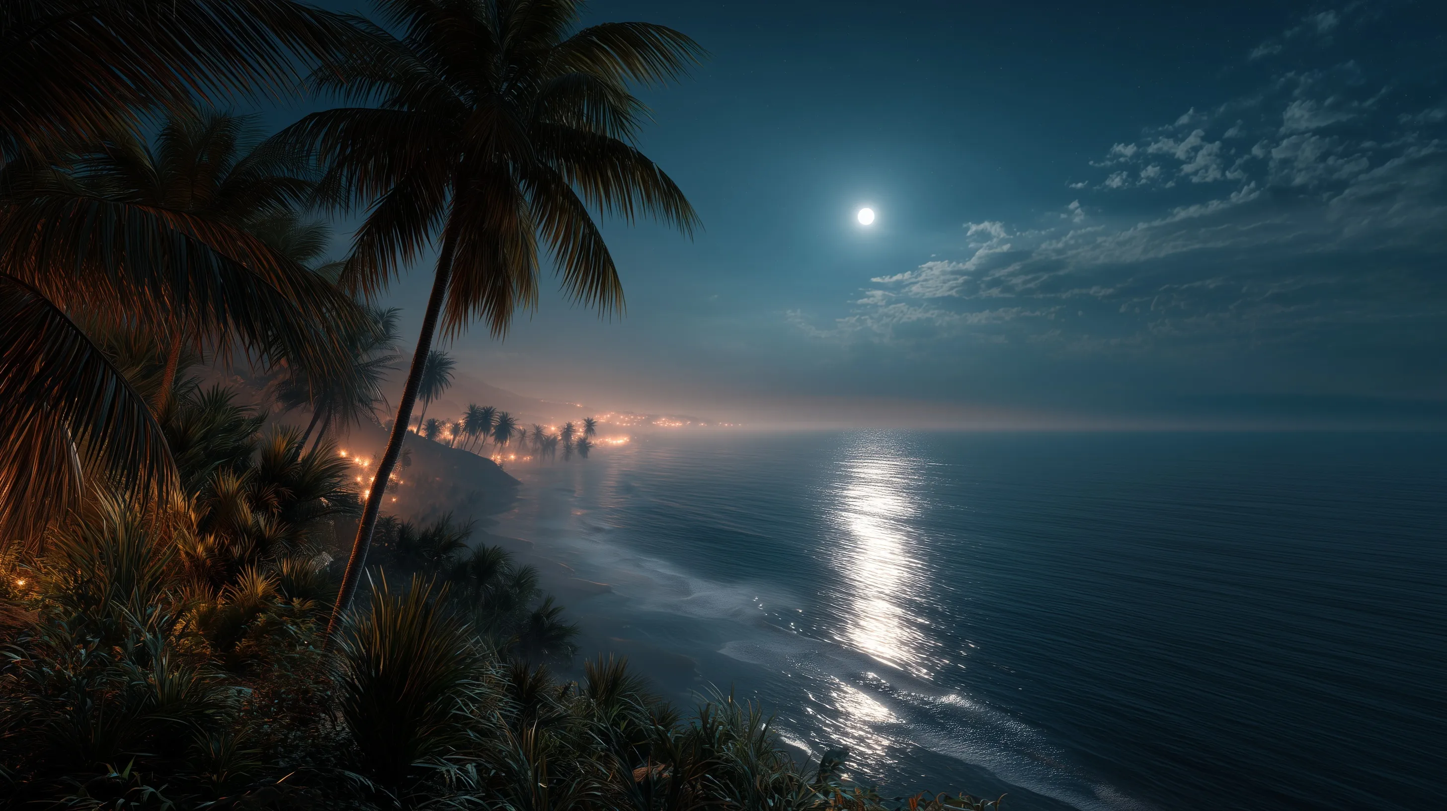 Tropical beach at night with moonlight reflecting on calm ocean water, viewed from a palm-lined cliff.
