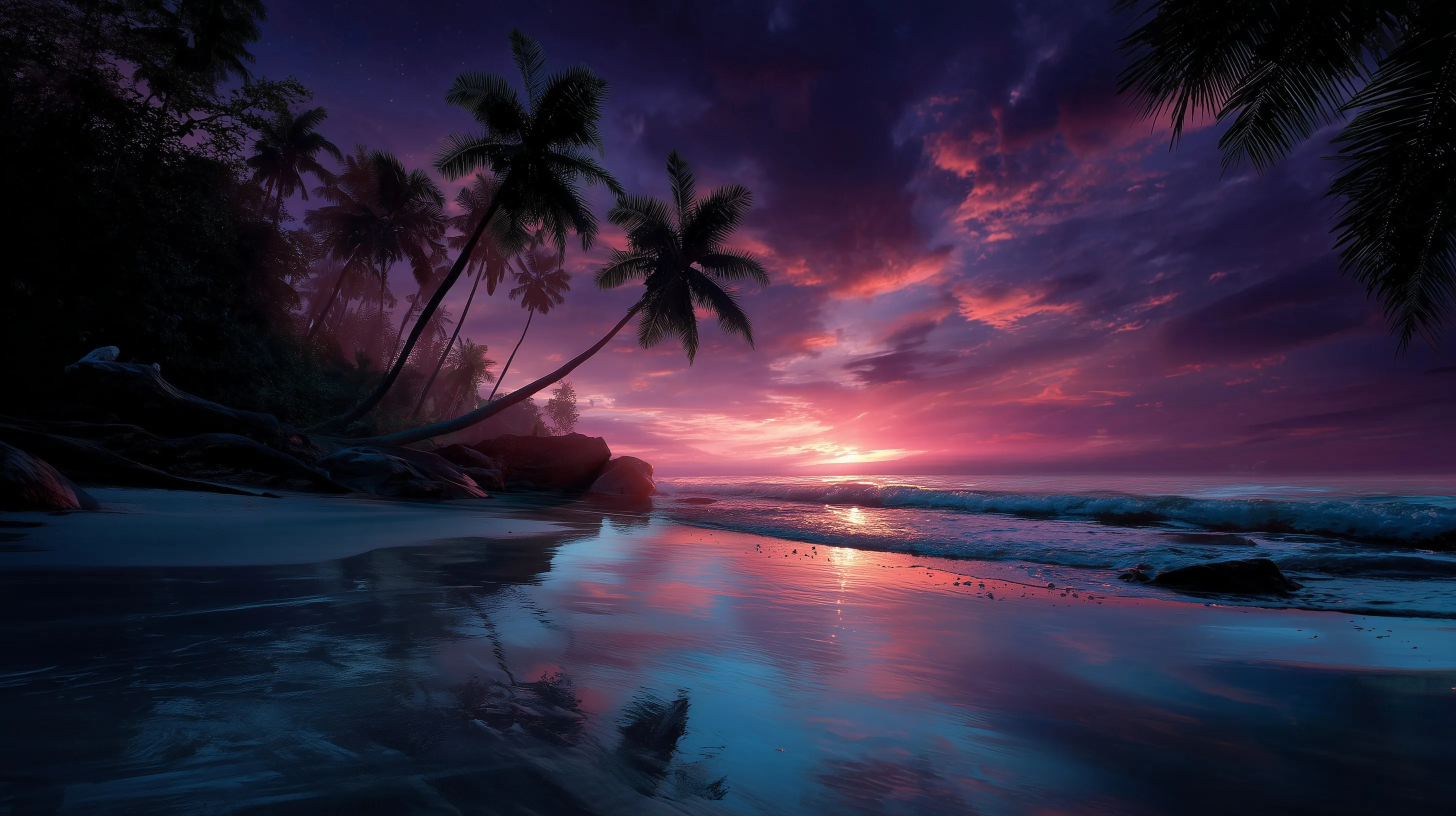 A breathtaking sunset over a serene tropical island beach with vibrant sky colors reflected in the ocean waves.