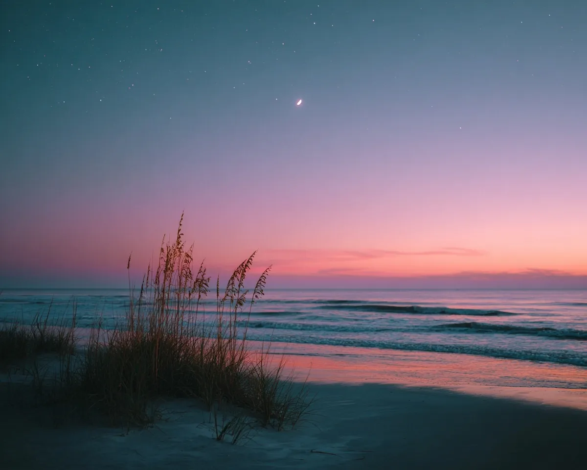 A serene beach at twilight with a Pinterest aesthetic, capturing the soft, glowing colors of a calm ocean sunset.