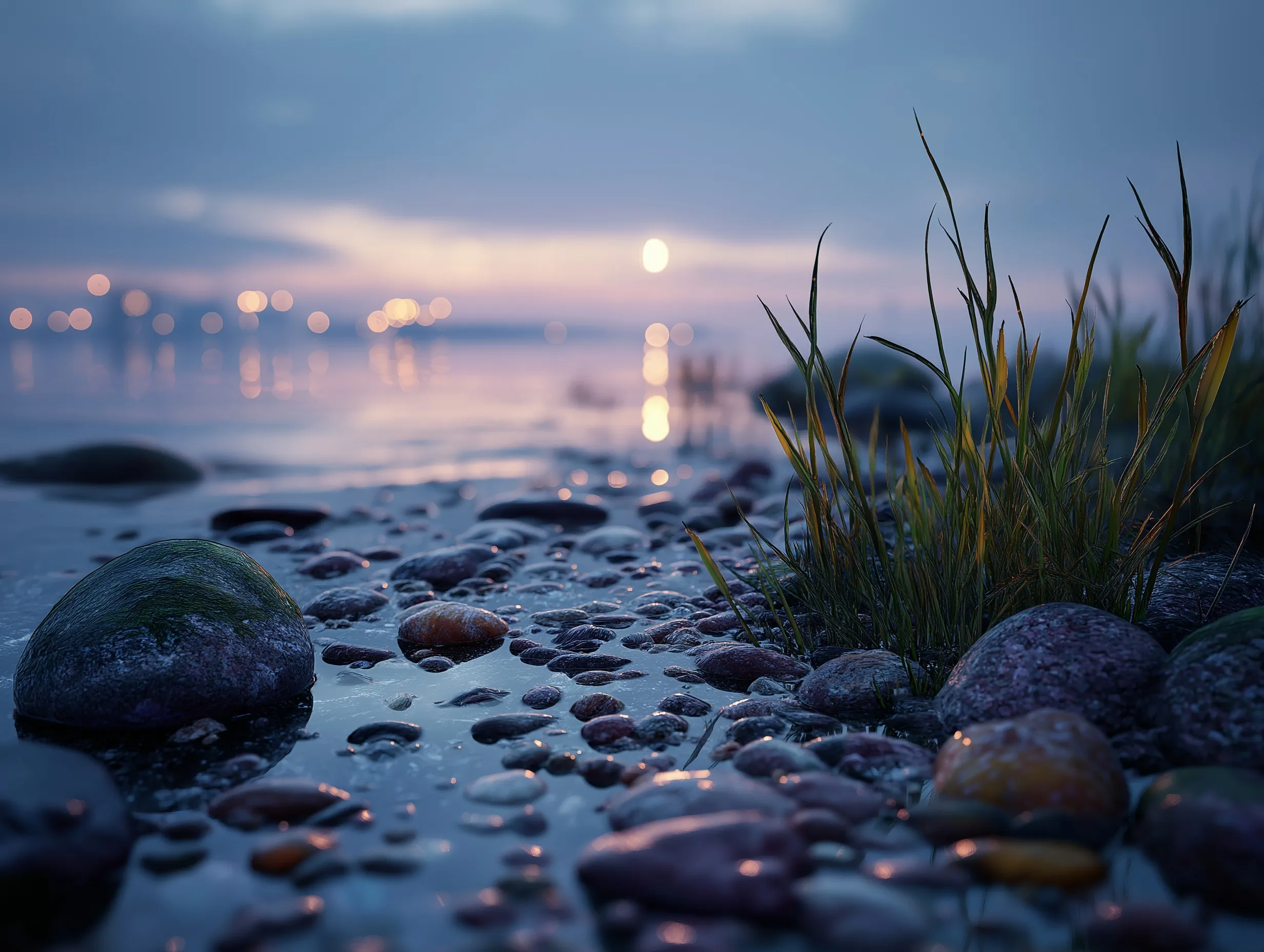 Wet pebbles and sea grass on a beach at dusk with a crescent moon in a pale graphite sky.