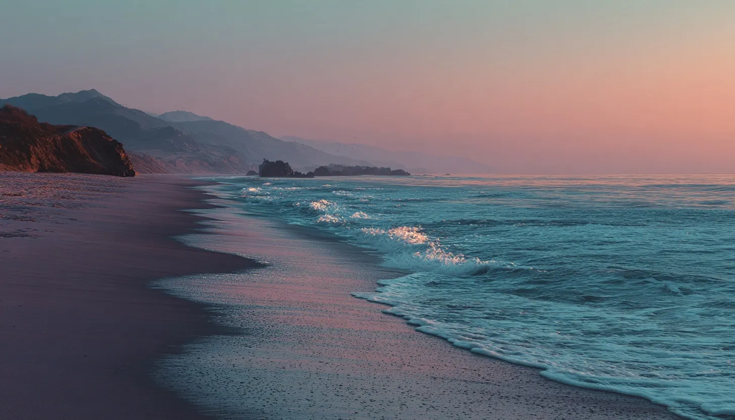 A wavy ocean beach at dusk with soft twilight colors and calm waves washing onto the sandy shore.
