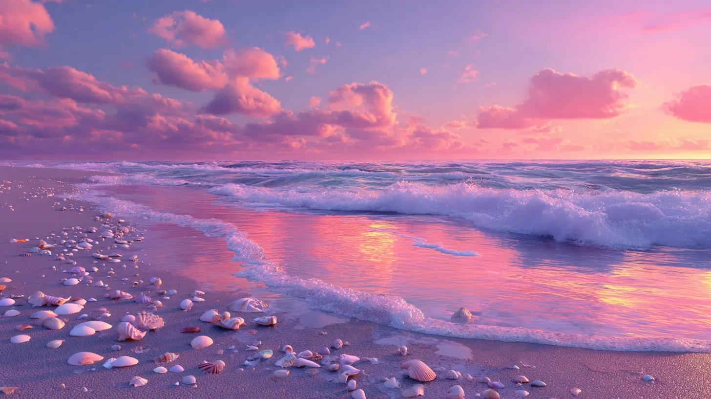 Dreamy sunset beach with violet and pink sky, reflecting sunlight on calm ocean waves and seashells on sandy shore.