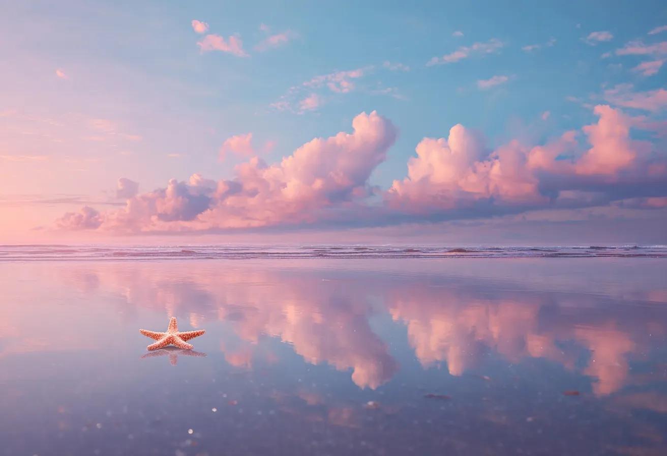 A minimalist beach landscape at dusk with a pastel pink sky, soft clouds, and a single starfish on the sand.