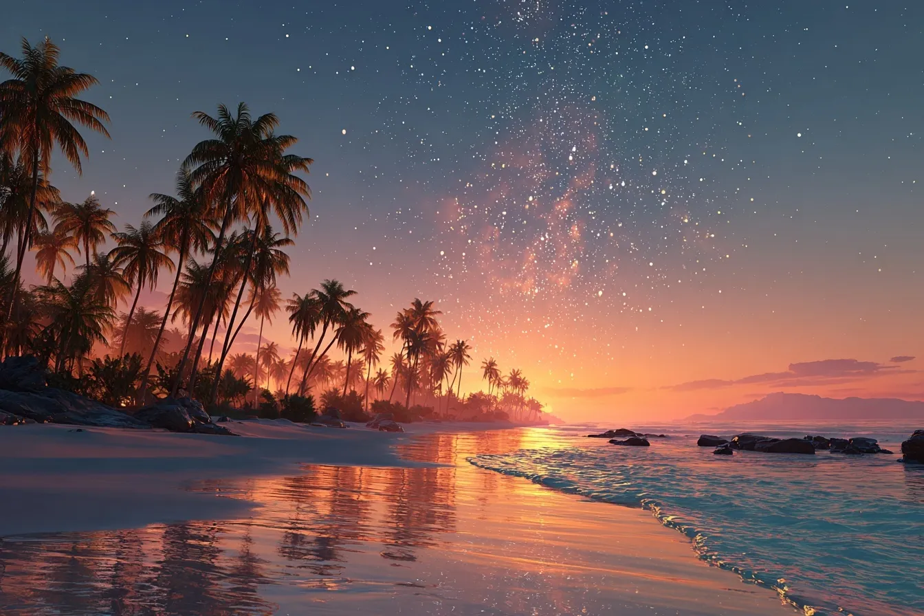 A 3D render of a Bali beach at sunset with palm trees under a blue starry sky and orange horizon.