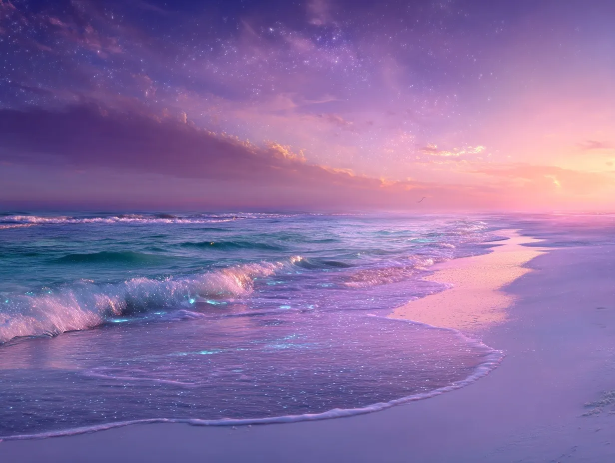 Surreal beach sunset with glowing bioluminescent waves on white sand under a purple and golden fantasy sky.
