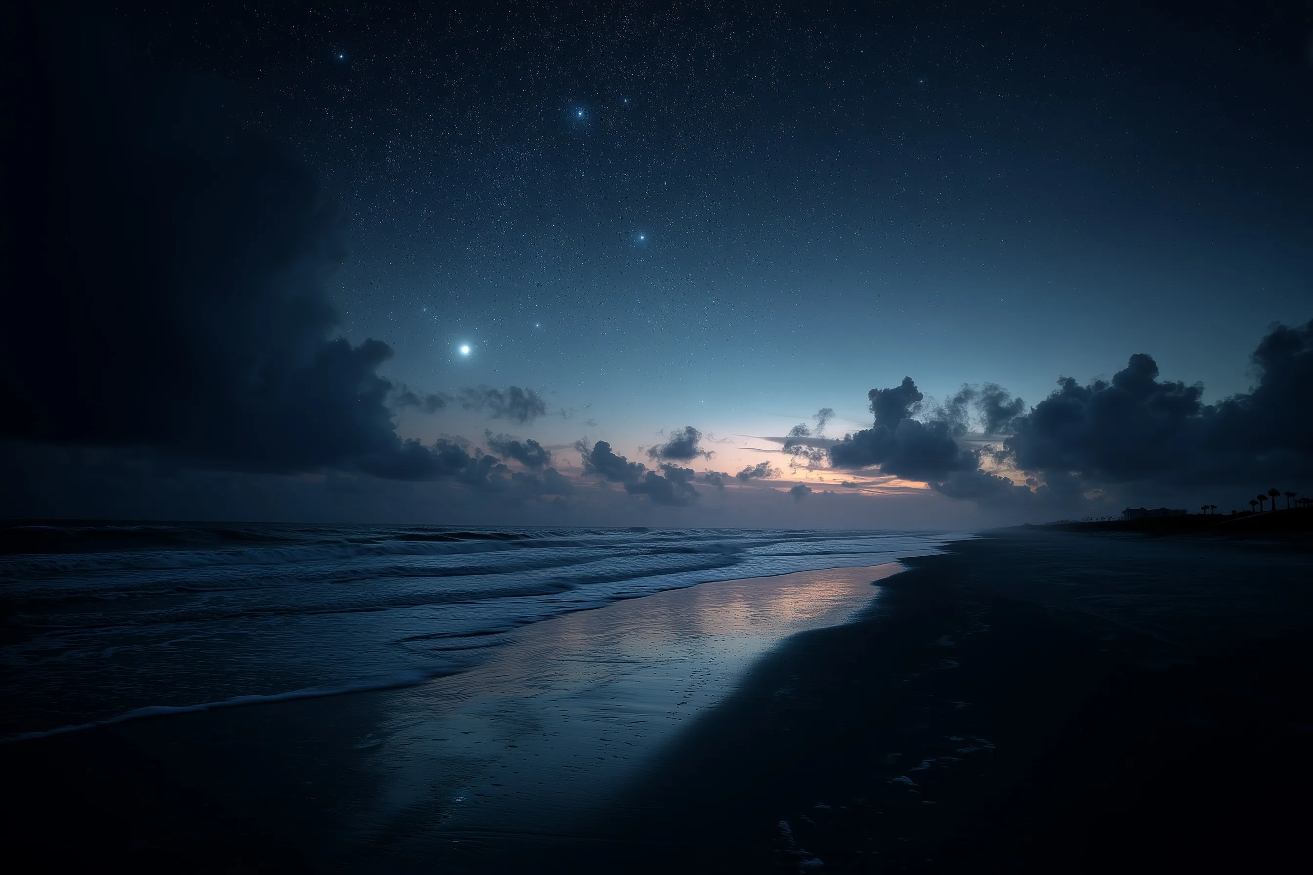 A serene beach at night with a starry sky reflecting on calm ocean waters under a cloudy, moonless horizon.