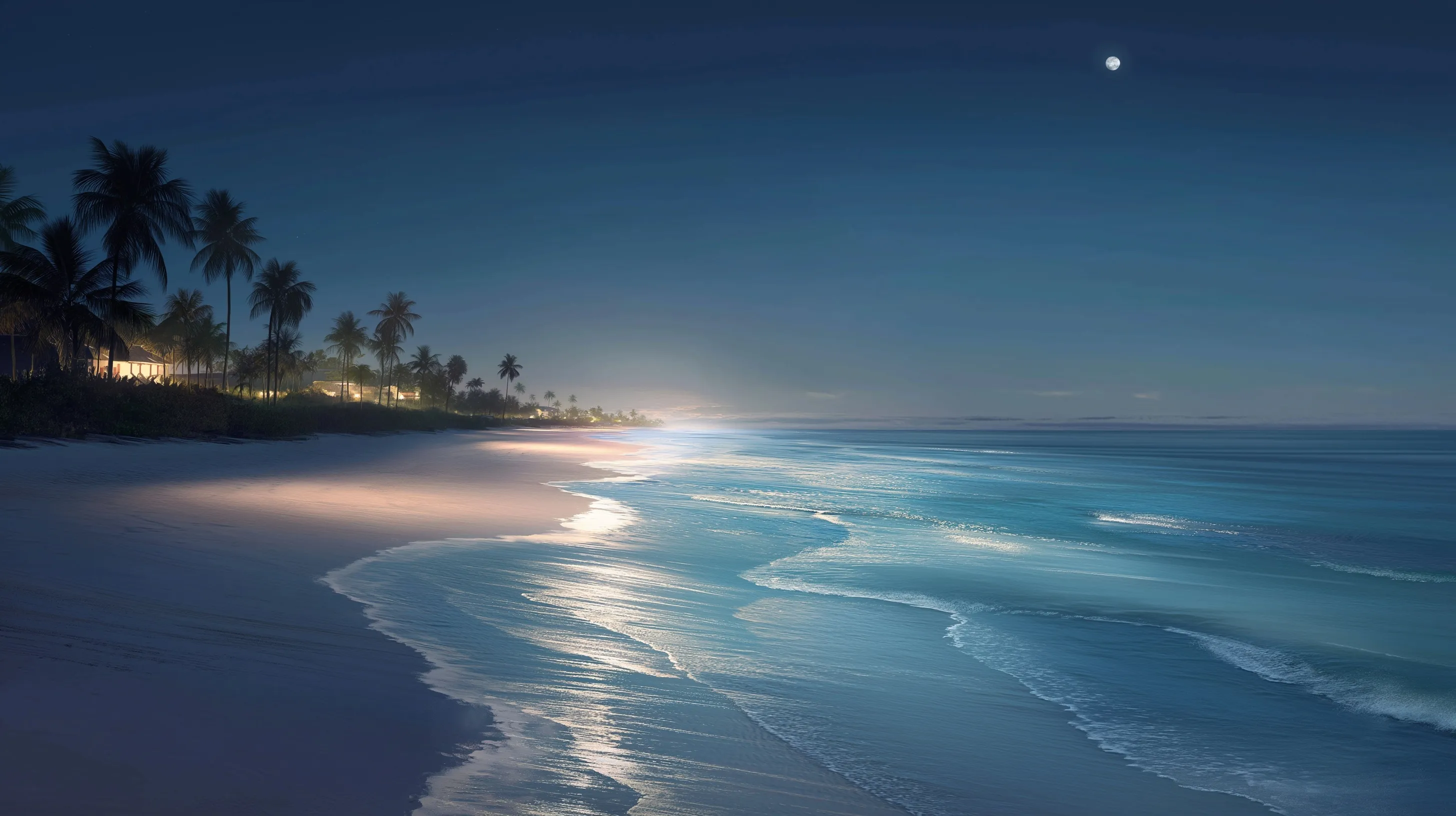 Aerial view of Grace Bay Beach at night with moonlight reflecting on ocean waves and palm tree silhouettes.