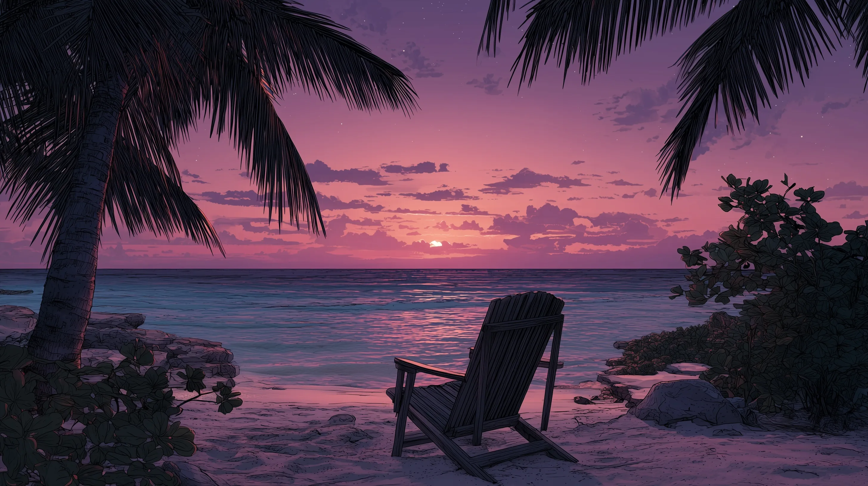 Empty deck chair on a beach at sunset in Isla Mujeres, Mexico, with palm trees and a purple ocean horizon.