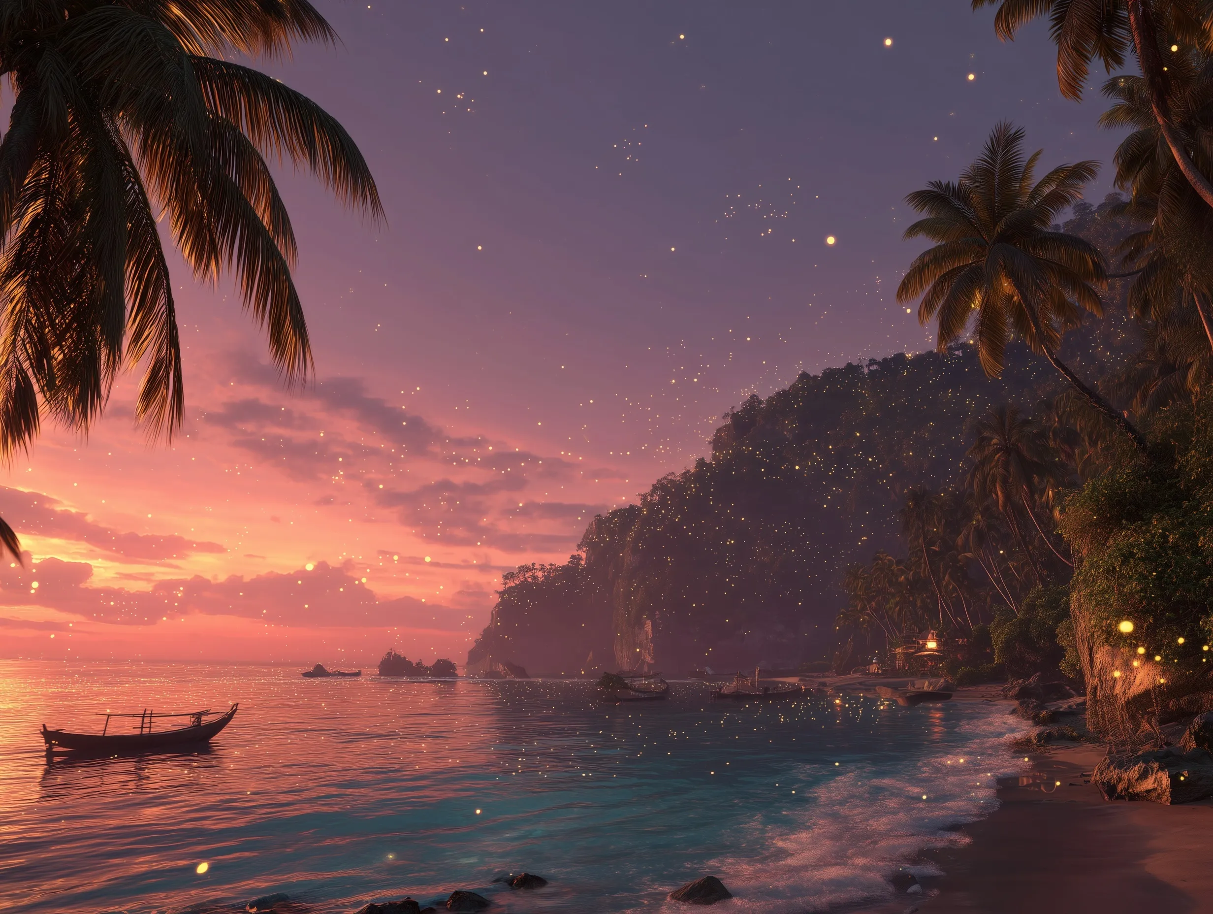 Pixar-style cinematic Bali beach at sunset with glowing tropical sky, swaying palms, and calm turquoise water.