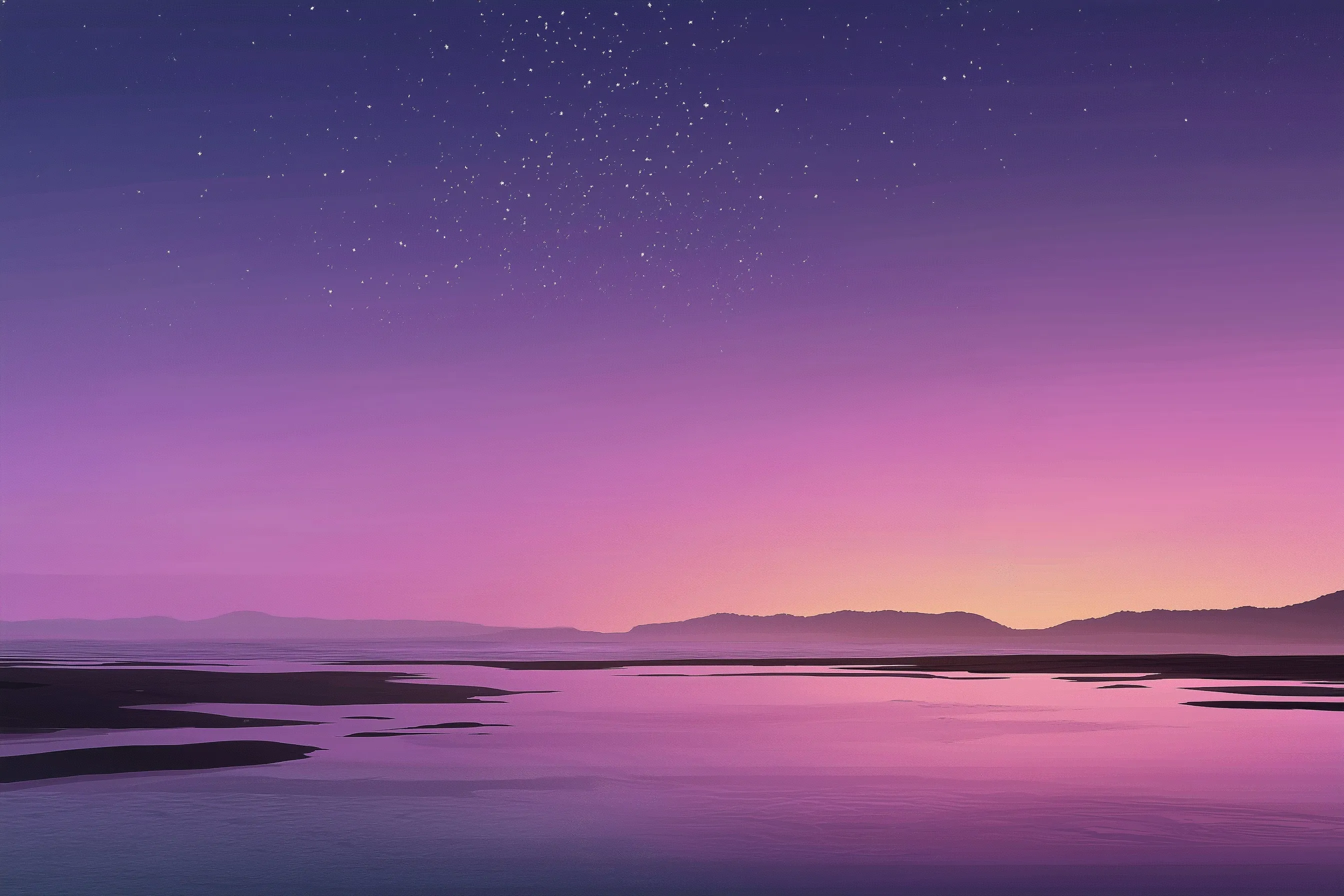 Serene beach at dusk with twinkling stars, purple and pink gradient sky, and silhouetted hills by the water.