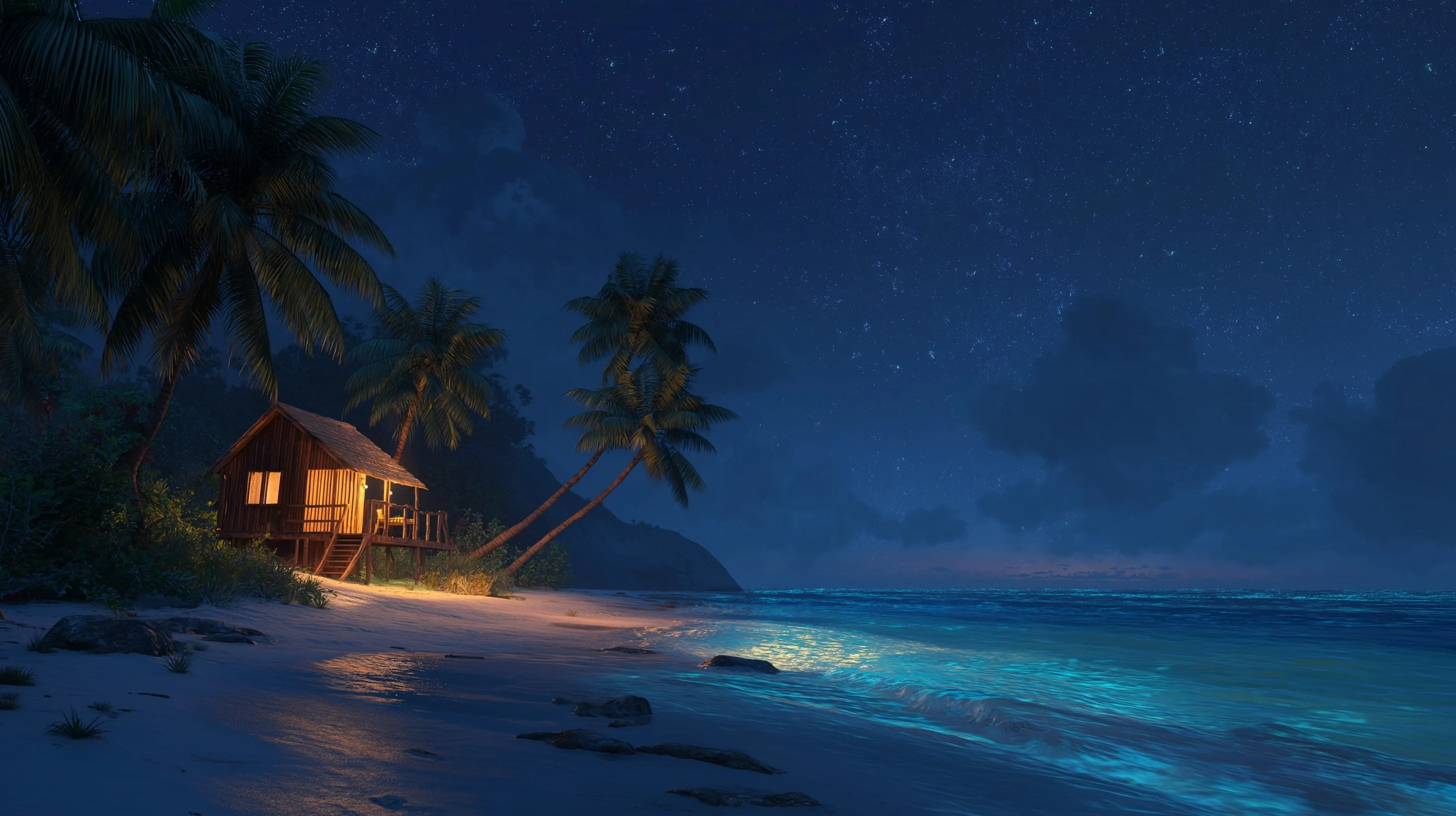 A glowing wooden beach hut on a tropical shore at dusk with bioluminescent waves and a clear, starry night sky.