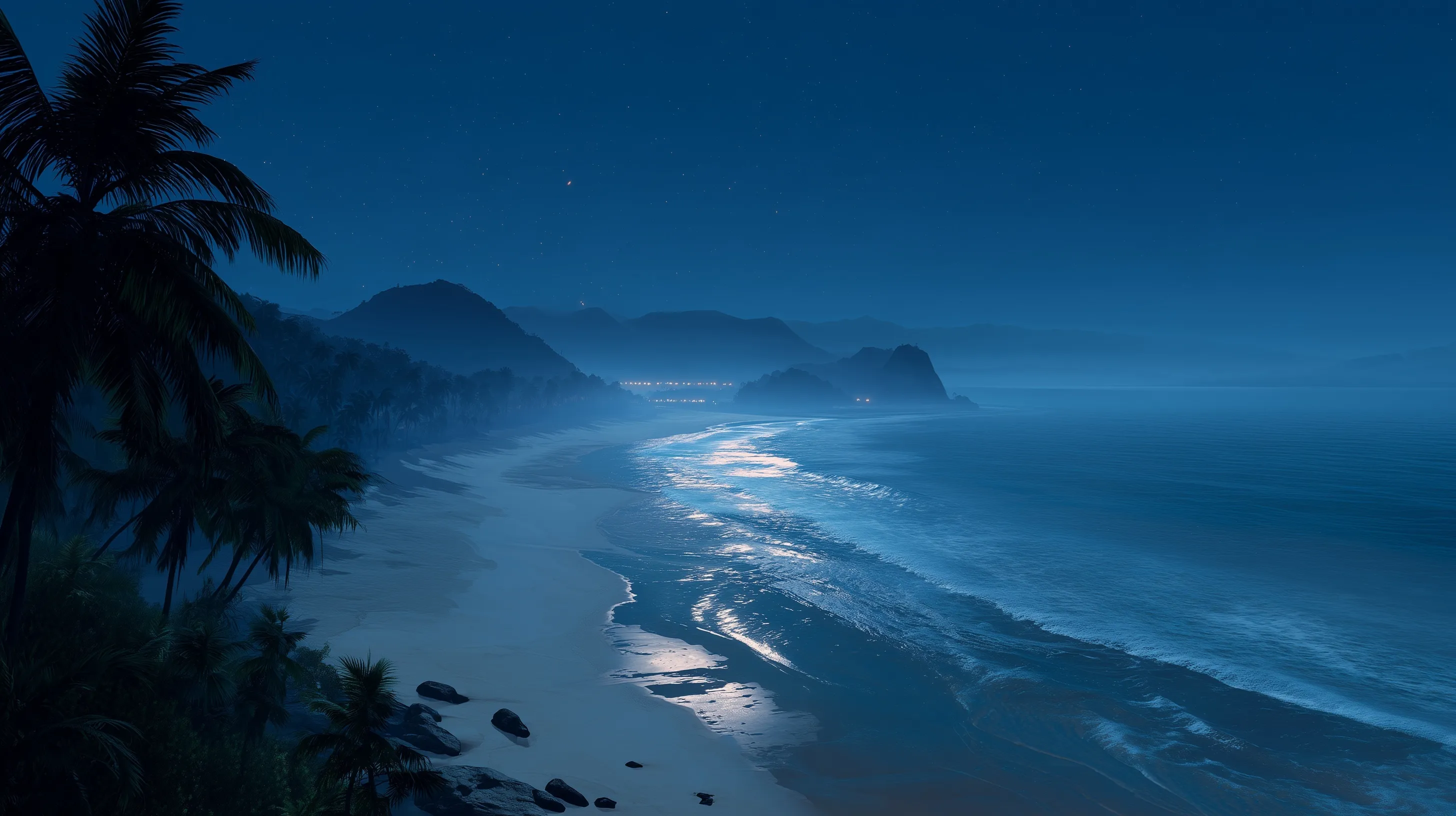 Moonlit tropical beach at night with palm trees, gentle waves, and a distant island silhouette.