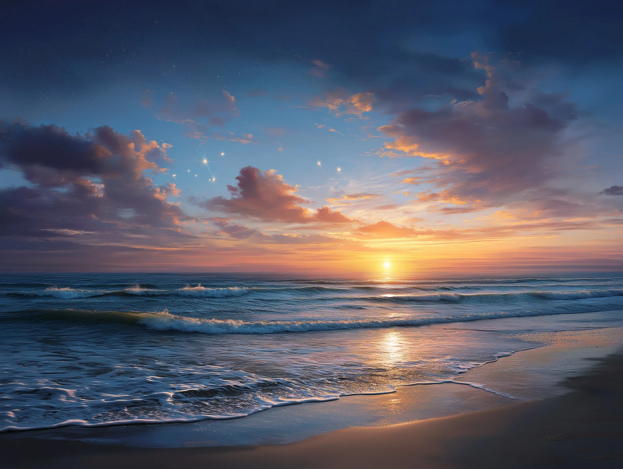 Photorealistic beach sunset wallpaper with sandy shore, twilight clouds, and early stars appearing in night sky.