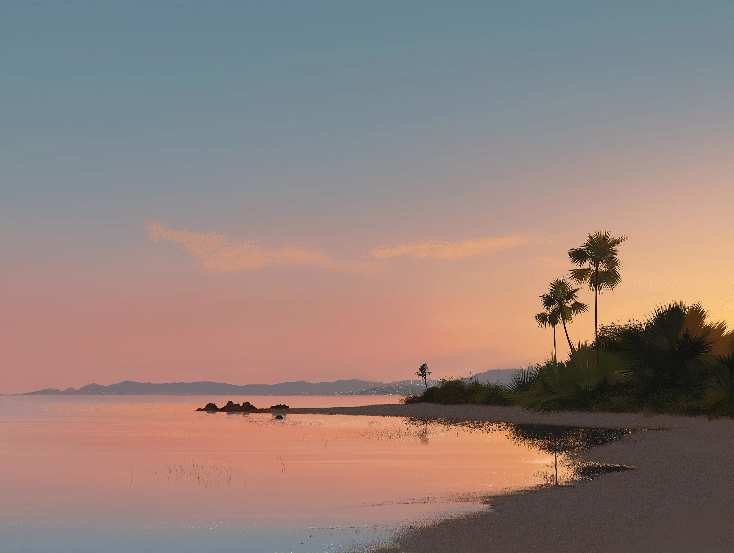 A golden sunset over a tropical Mexican beach with calm ocean waves at dusk.