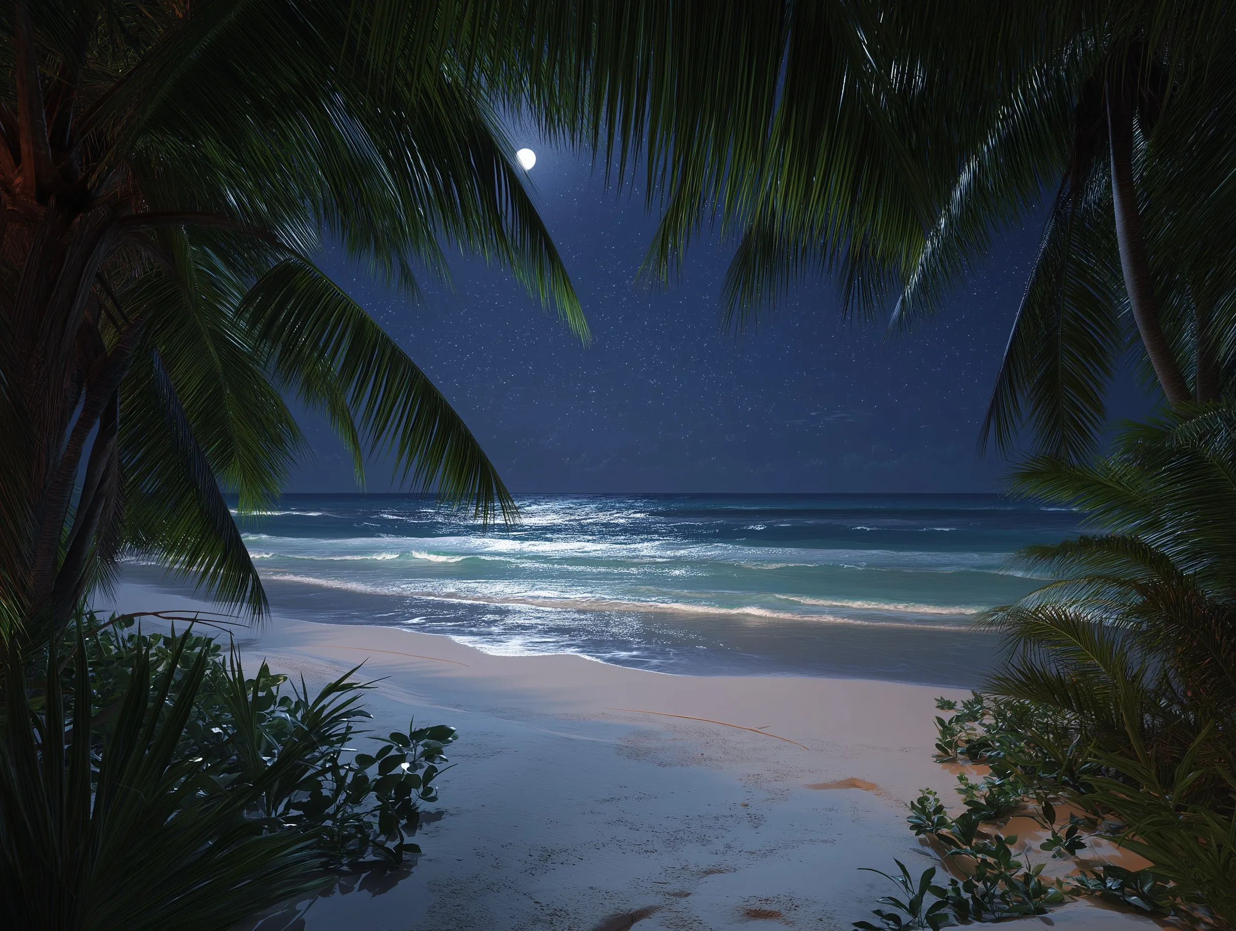 Bioluminescent waves lap onto white sand under a moonlit tropical sky, viewed through palm leaves at dusk.