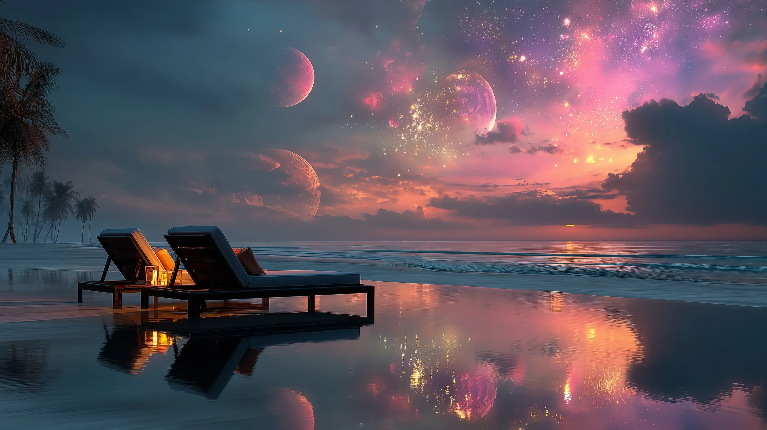 Two luxury sunbeds on a tropical beach under a surreal cosmic sky with glowing stars and nebula clouds at dusk.
