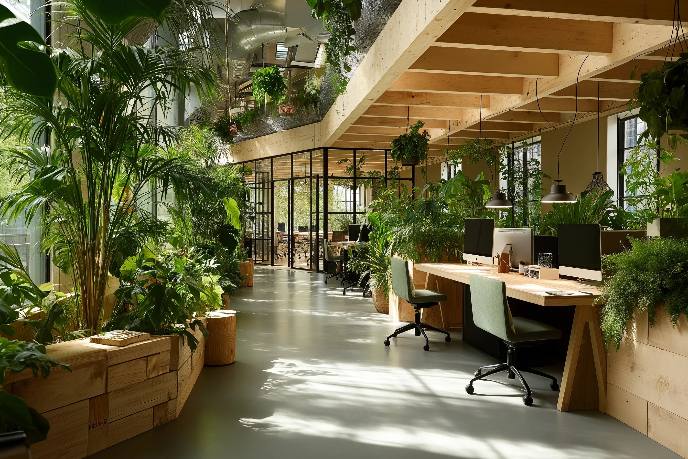 Sunlit modern office interior featuring lush indoor plants and greenery in a sustainable, eco-friendly workspace.