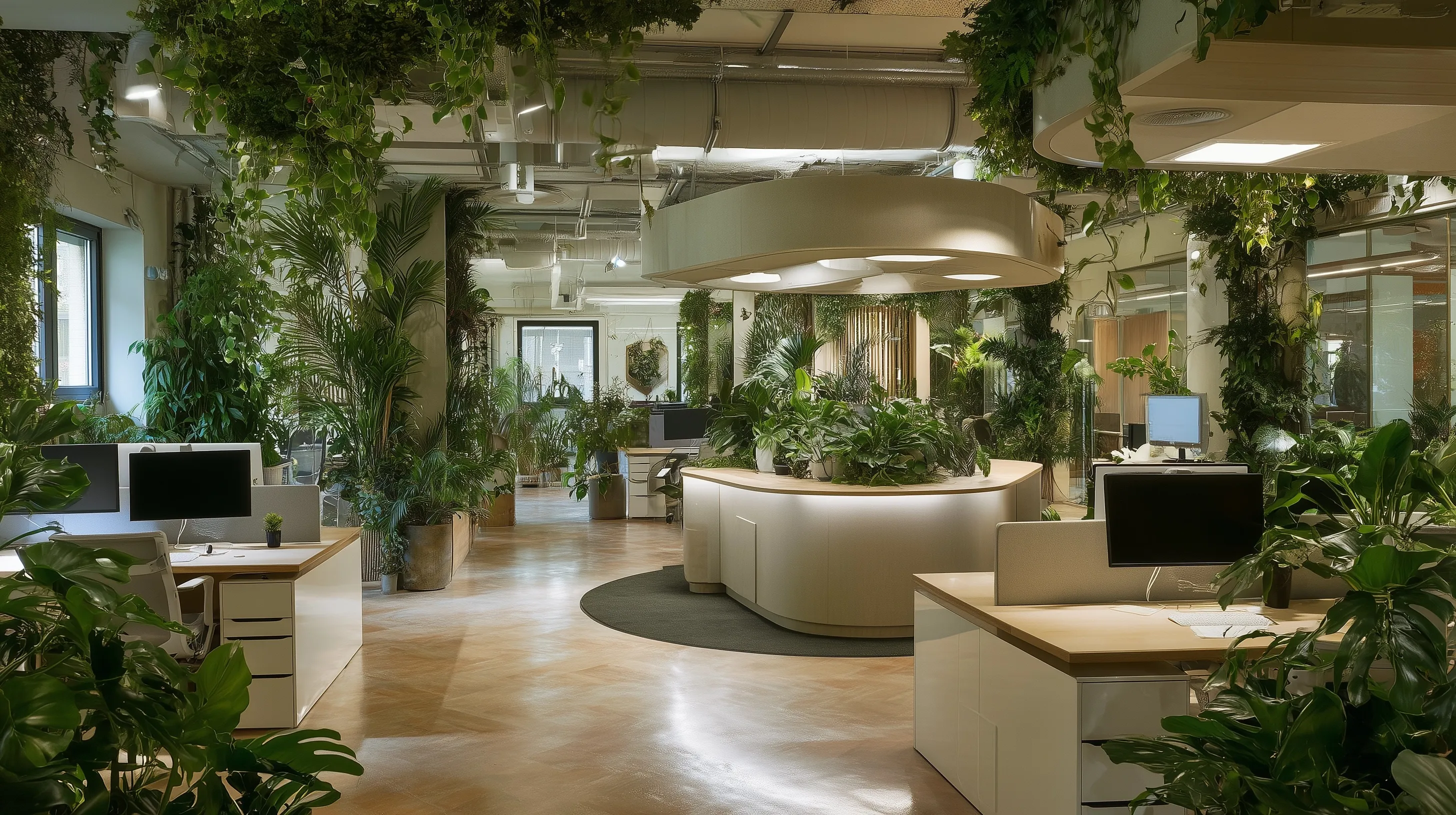 Modern biophilic office interior filled with lush green plants during springtime, bright workspace design.