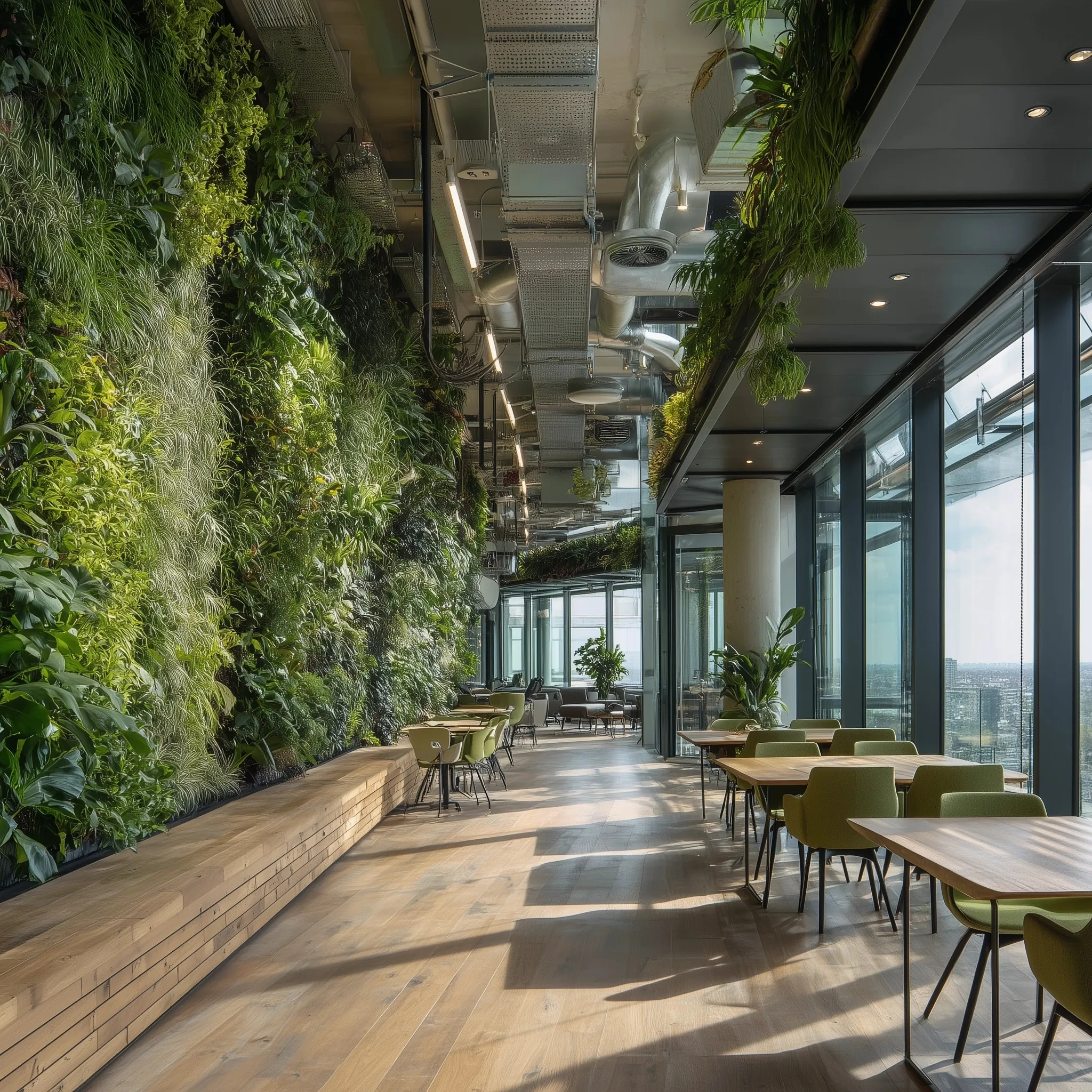 Modern biophilic office interior with lush indoor plants and natural light for a sustainable workspace atmosphere.