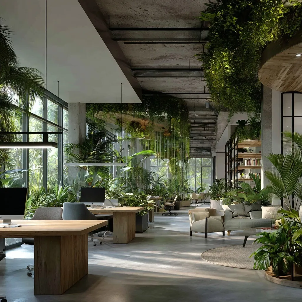 Modern biophilic office interior with sustainable design, natural light, and lush tropical plants.