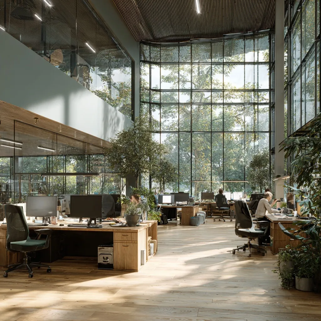 Modern biophilic office with people working at desks near large windows, wood floors, and indoor plants.