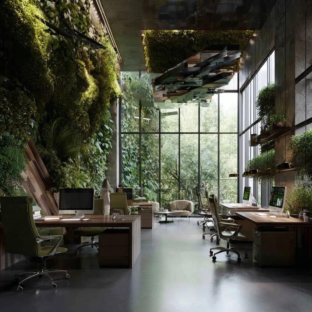 Modern office interior with lush green plants and biophilic design elements for a productive workspace.