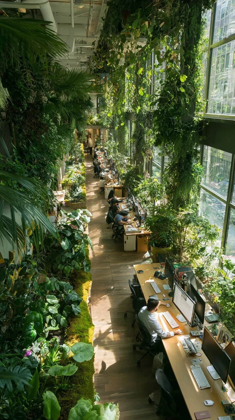 Modern bright office with lush indoor plants, tropical greenery, and people working at desks in a natural oasis.