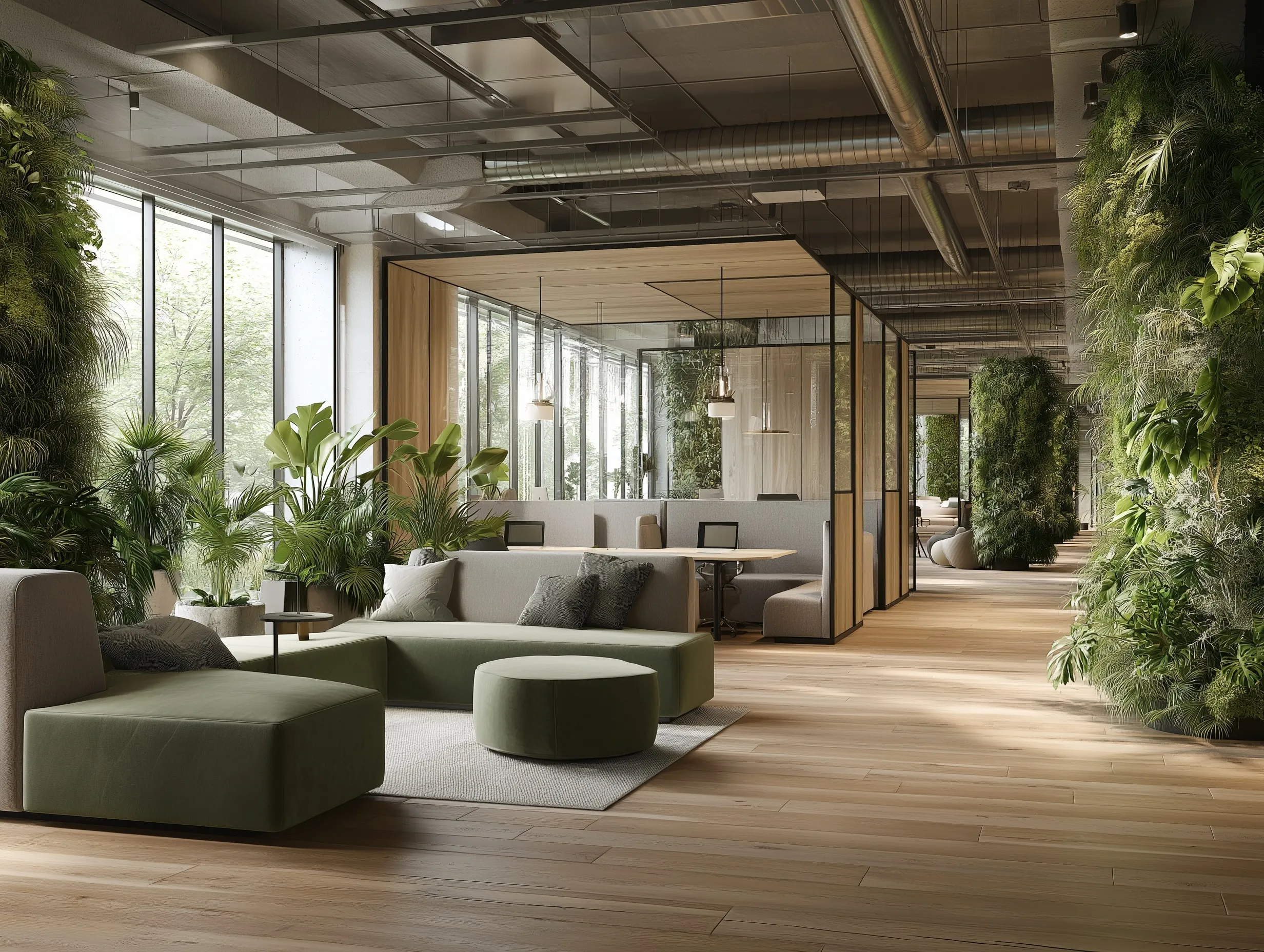 Modern biophilic open-plan office with acoustic pods, indoor plants, green wall, and natural wood furniture.