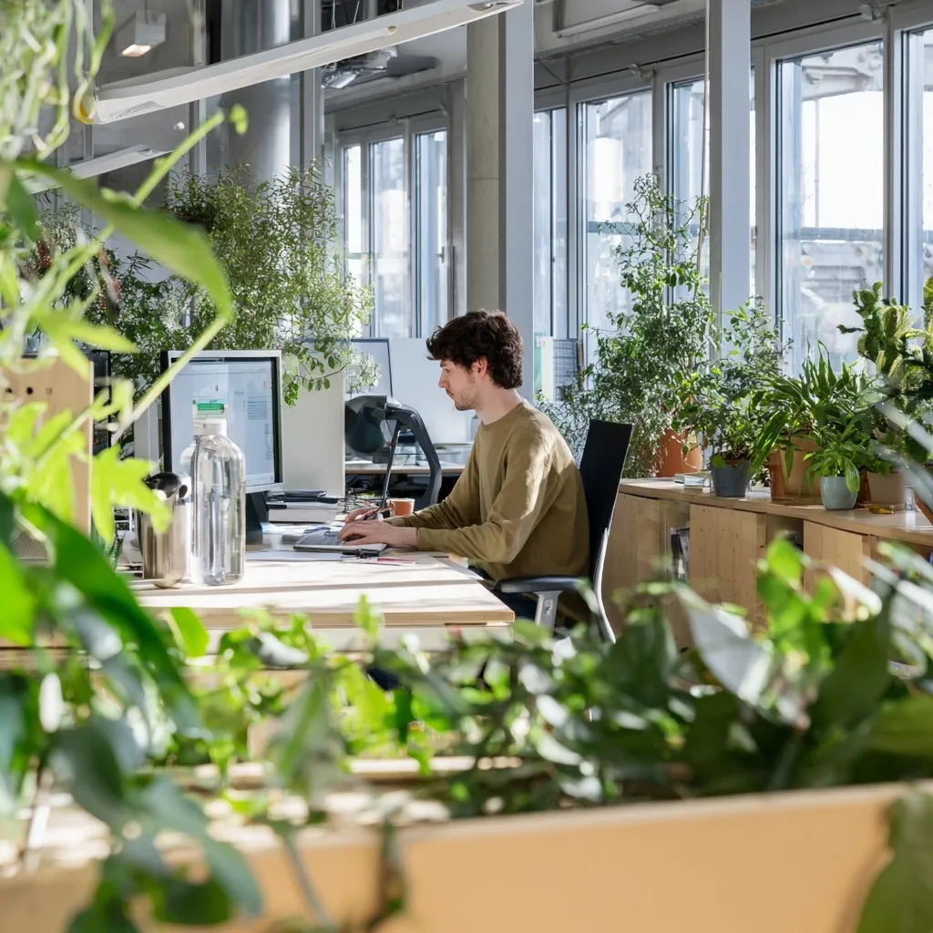 Young professional in a modern, sustainable biophilic office using digital tools and a reusable water bottle.