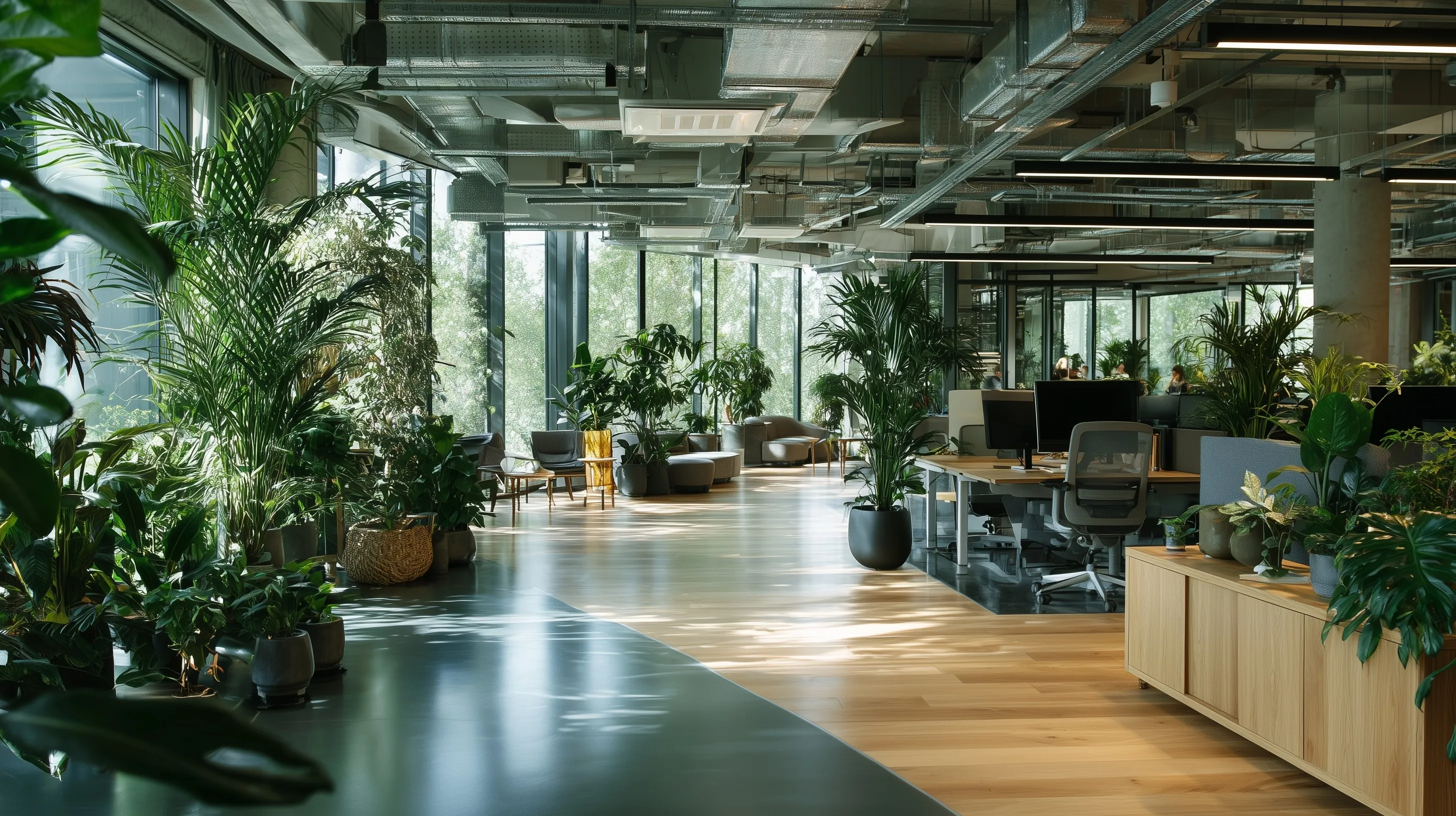 Modern office interior with lush green indoor plants, creating a calm biophilic workspace environment.