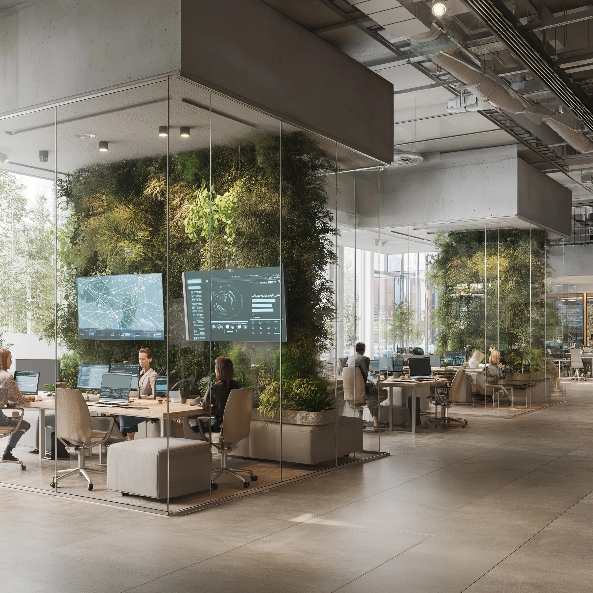 Modern biophilic coworking office with live plant walls, modular furniture, and researchers collaborating.