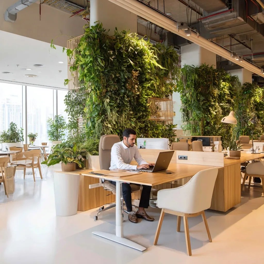 Professional working on a laptop in a modern biophilic high-rise office in Dubai with natural greenery.