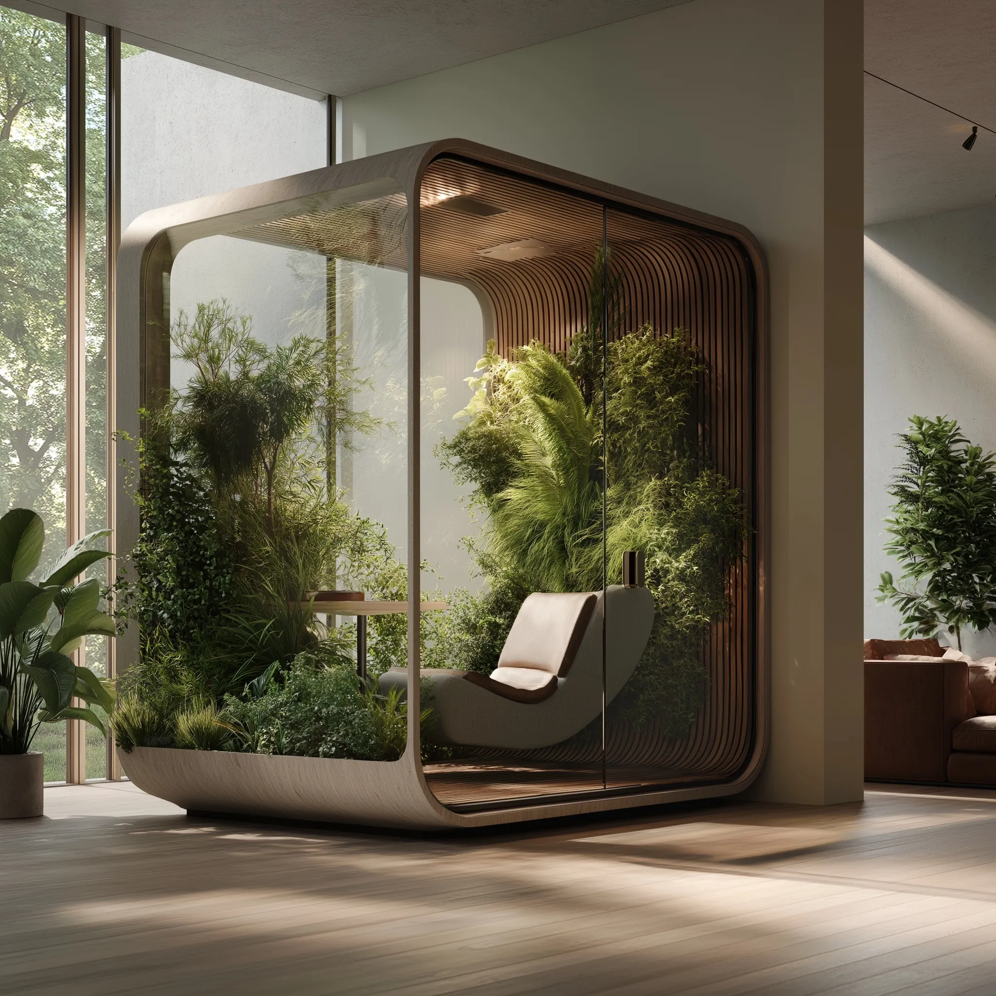 Modern biophilic office cabin with integrated greenery and ergonomic seating in a minimalist home interior.
