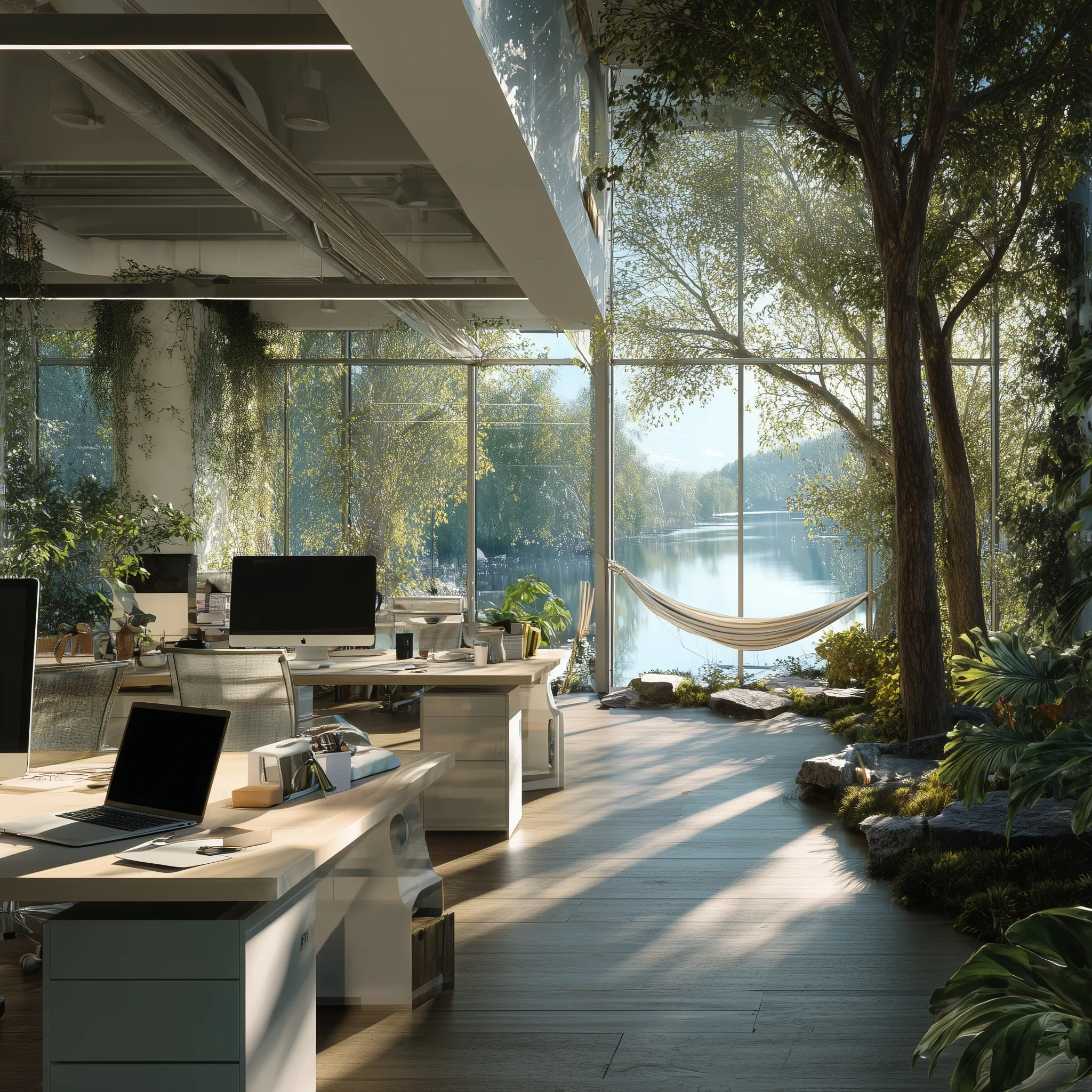 A seamless transition between a modern biophilic office and a peaceful lakeside nature scene for work-life balance.