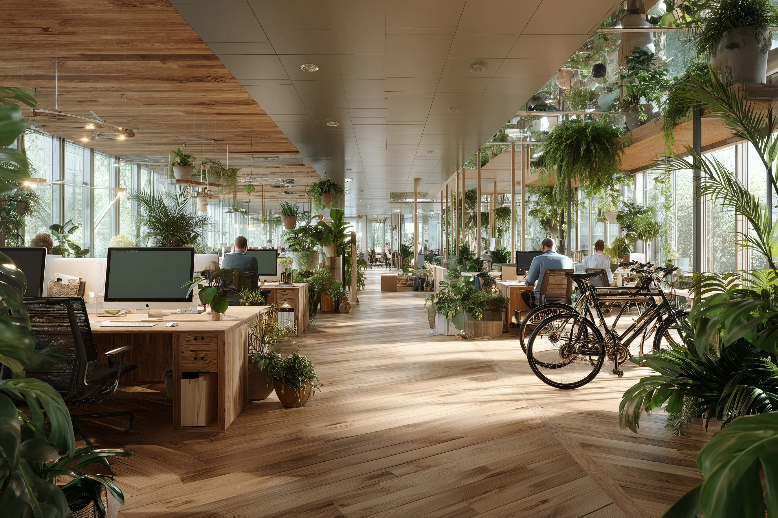 Modern biophilic office with lush plants, natural light, wooden floors, and employees working in a collaborative space.