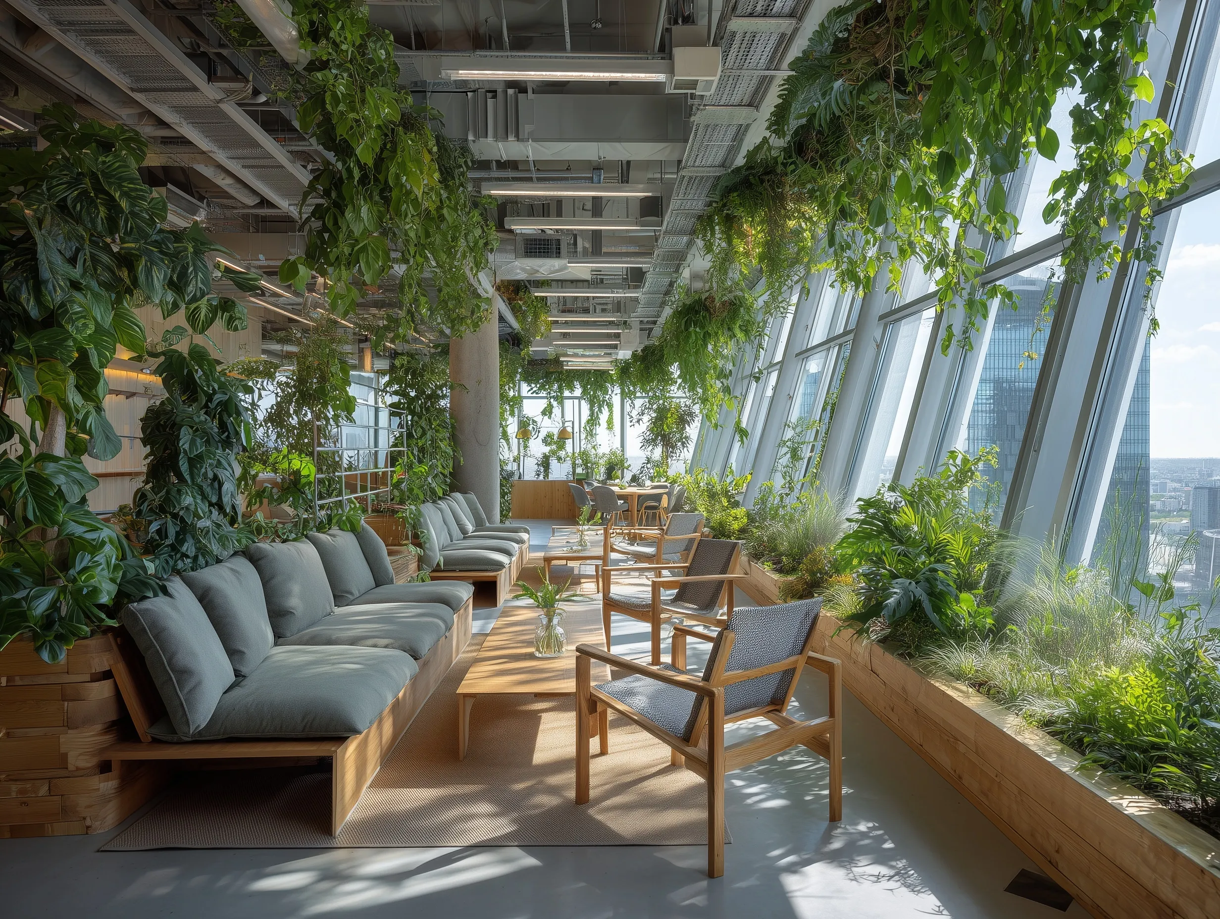 Modern biophilic office interior with lush roof garden greenery for a landscaping company in Moscow.