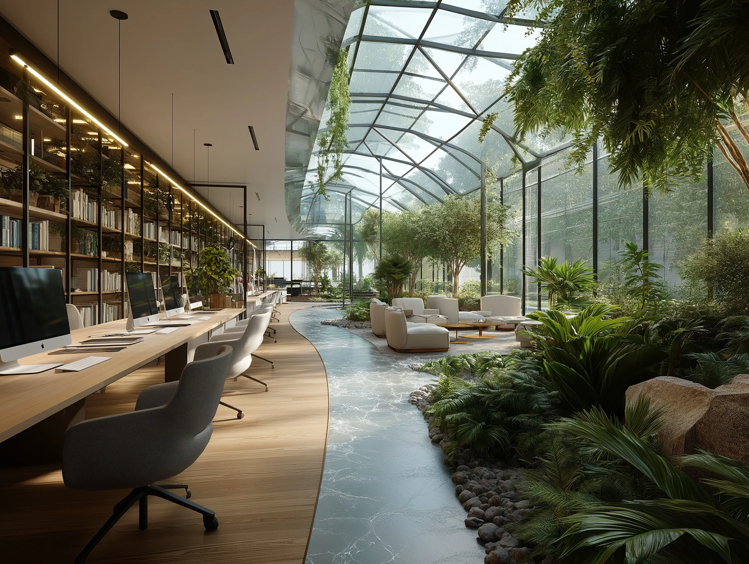 A bright, modern biophilic office space featuring lush indoor plants, natural sunlight, and sustainable design.