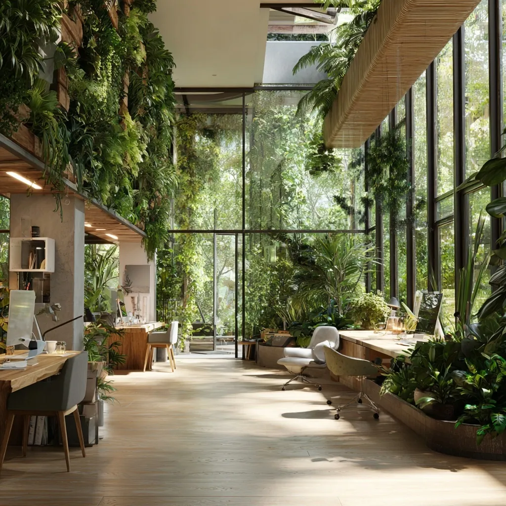 Modern biophilic office featuring natural light, wood textures, and minimalist greenery for an educational workspace.