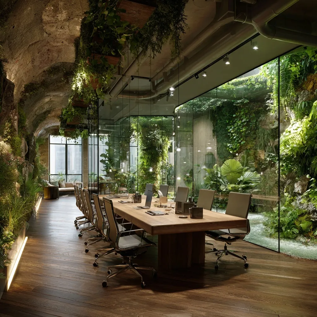 Modern biophilic office interior featuring lush indoor plants and natural light for a productive workspace.